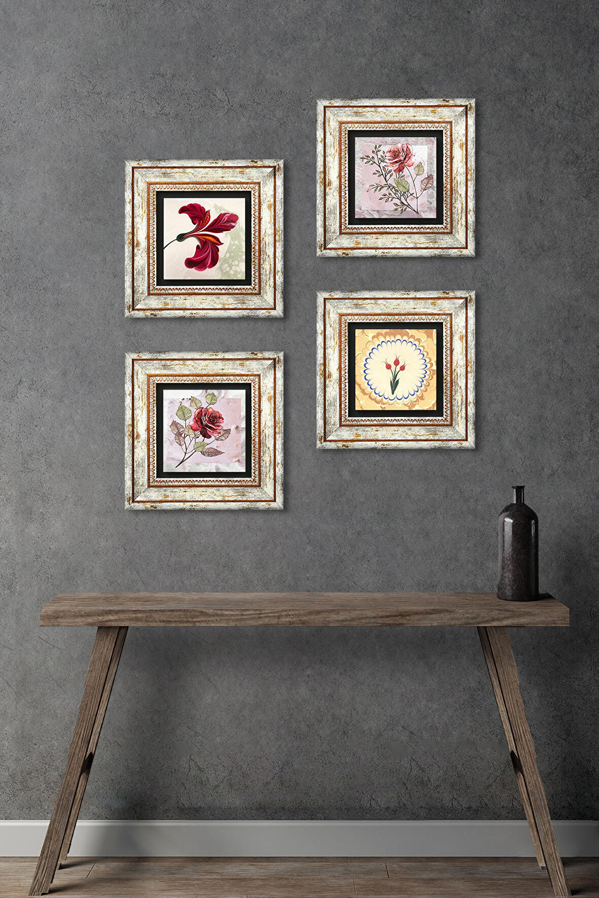 Gül Çiçek, Lale Taş Duvar Tablosu Çerçeveli Duvar Dekoru 4 Parça Tablo Seti Wall Art