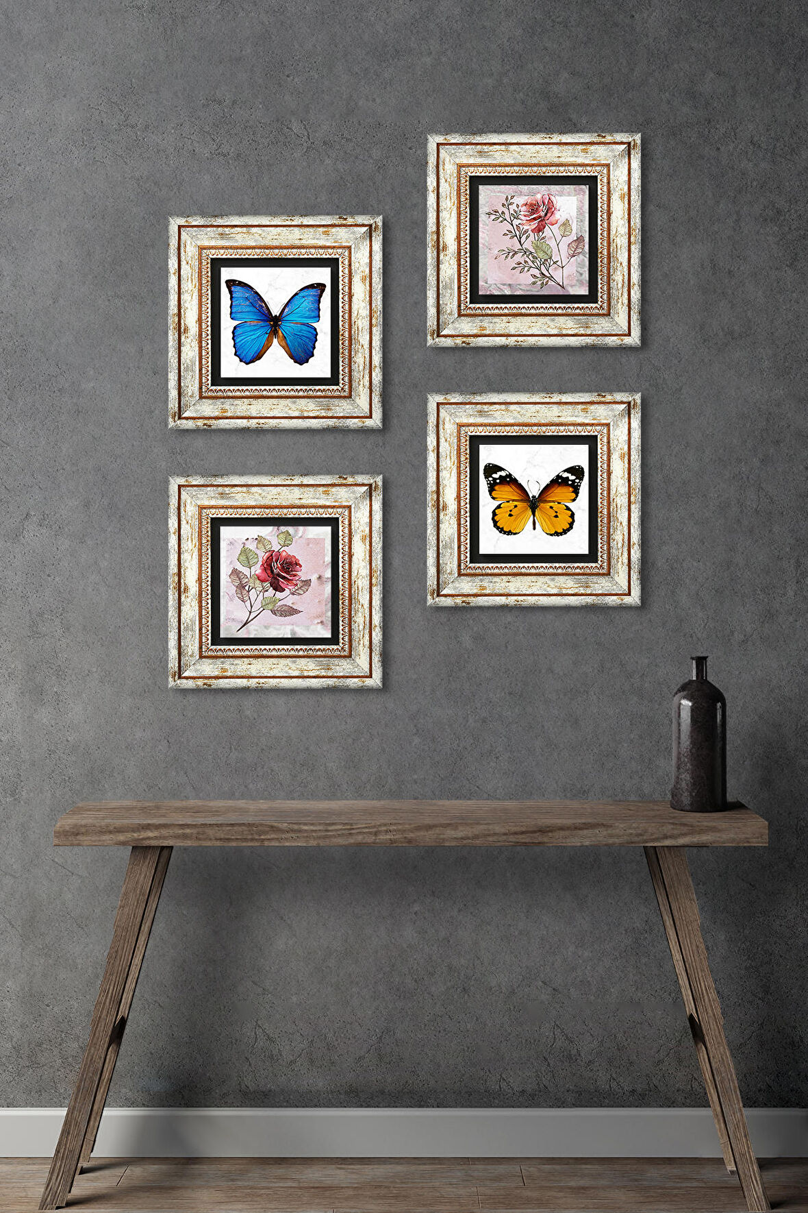 Gül Çiçek, Kelebek Taş Duvar Tablosu Çerçeveli Duvar Dekoru 4 Parça Tablo Seti Wall Art