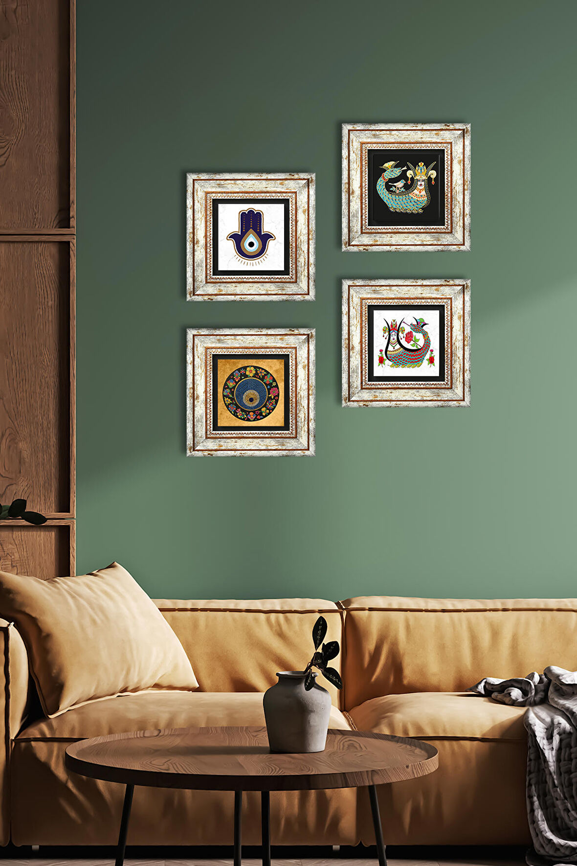 Fatma Ana Eli (Hamsa), Nazar, Şahmeran Taş Duvar Tablosu Çerçeveli Duvar Dekoru 4 Parça Tablo Seti Wall Art