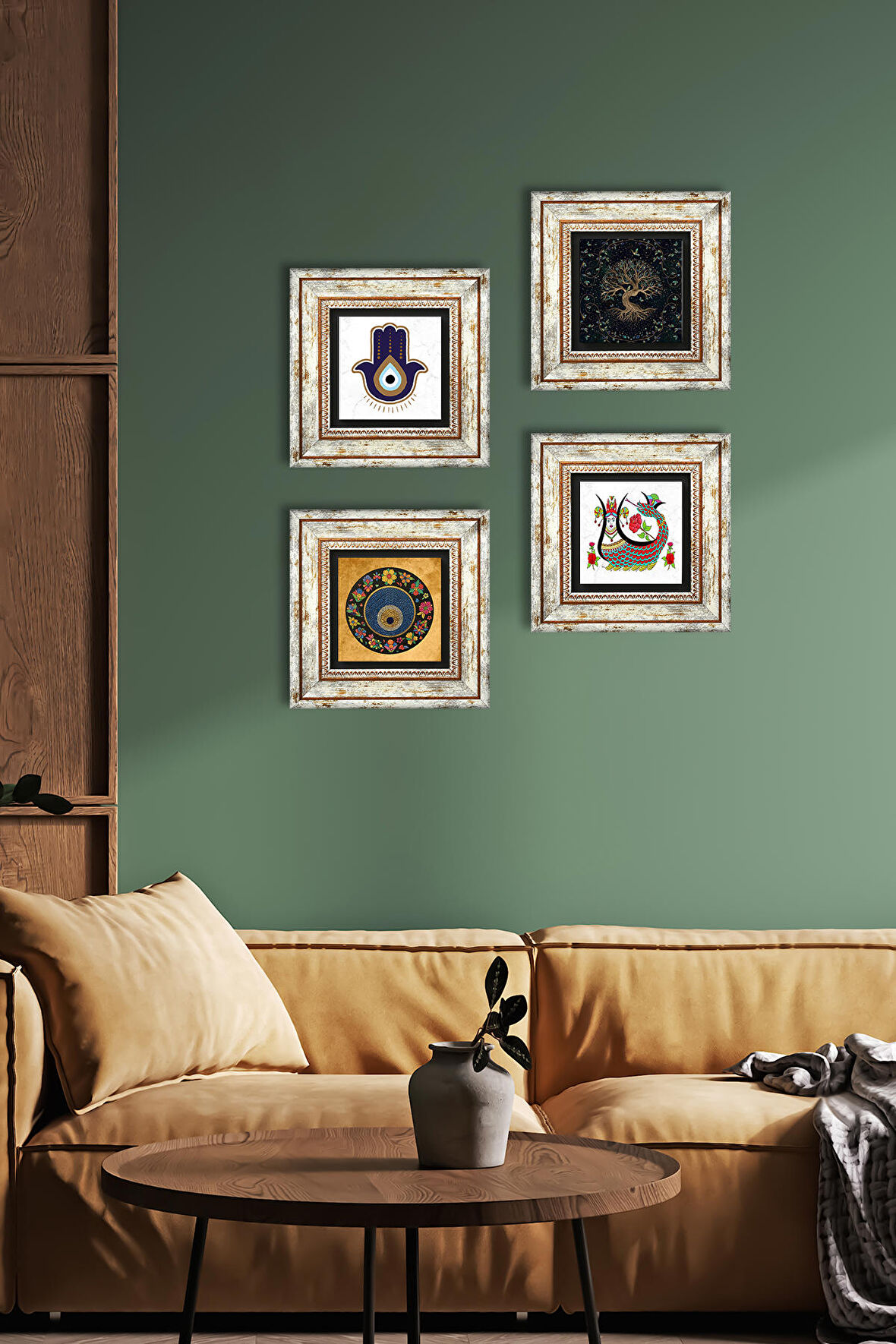 Fatma Ana Eli (Hamsa), Şahmeran, Hayat Ağacı, Nazar Taş Duvar Tablosu Çerçeveli Duvar Dekoru 4 Parça Tablo Seti Wall Art