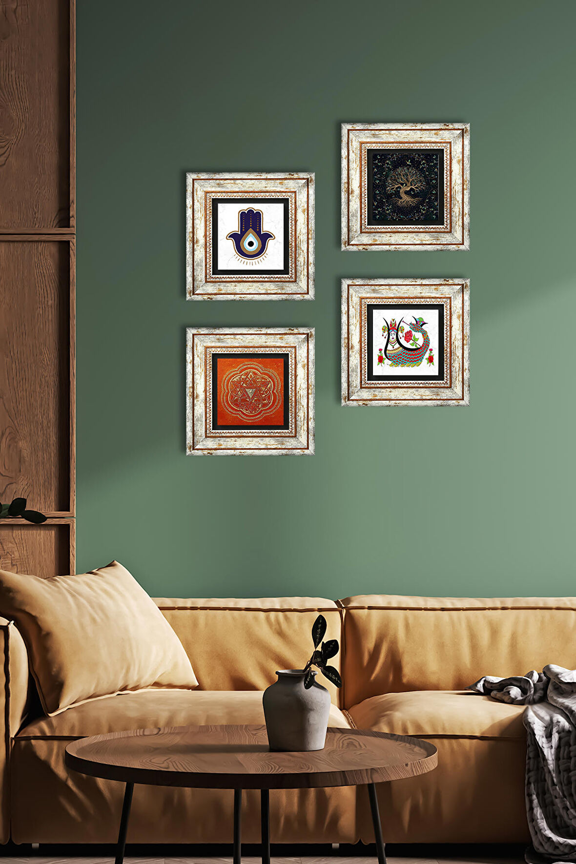 Fatma Ana Eli (Hamsa), Sri Yantra, Şahmeran, Hayat Ağacı Taş Duvar Tablosu Çerçeveli Duvar Dekoru 4 Parça Tablo Seti Wall Art