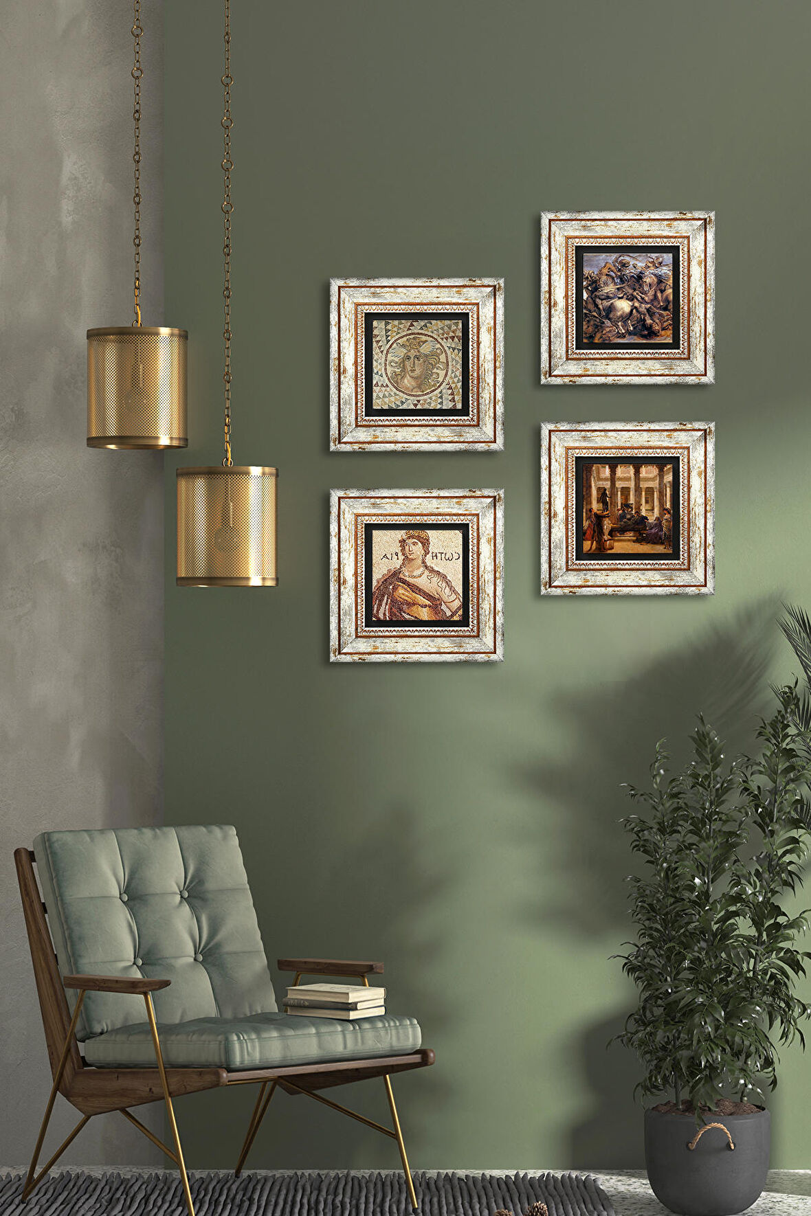 Soteria, Mozaik Serisi, Bir Roma Sanat Aşığı, Anghiari Savaşı Taş Duvar Tablosu Çerçeveli Duvar Dekoru 4 Parça Tablo Seti Wall Art