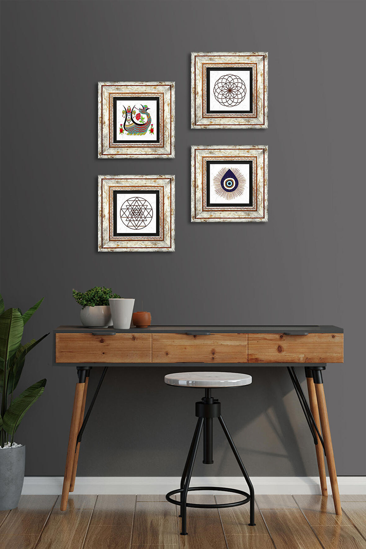 Nazar, Yaşam Çiçeği, Sri Yantra, Şahmeran Taş Duvar Tablosu Çerçeveli Duvar Dekoru 4 Parça Tablo Seti Wall Art