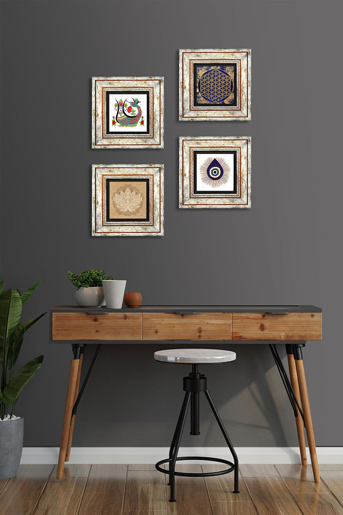 Nazar, Lotus Çiçeği, Yaşam Çiçeği, Şahmeran Taş Duvar Tablosu Çerçeveli Duvar Dekoru 4 Parça Tablo Seti Wall Art