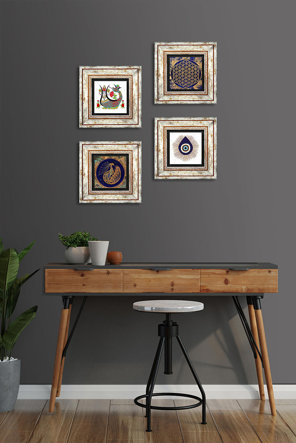Nazar, Tavus Kuşu, Yaşam Çiçeği, Şahmeran Taş Duvar Tablosu Çerçeveli Duvar Dekoru 4 Parça Tablo Seti Wall Art