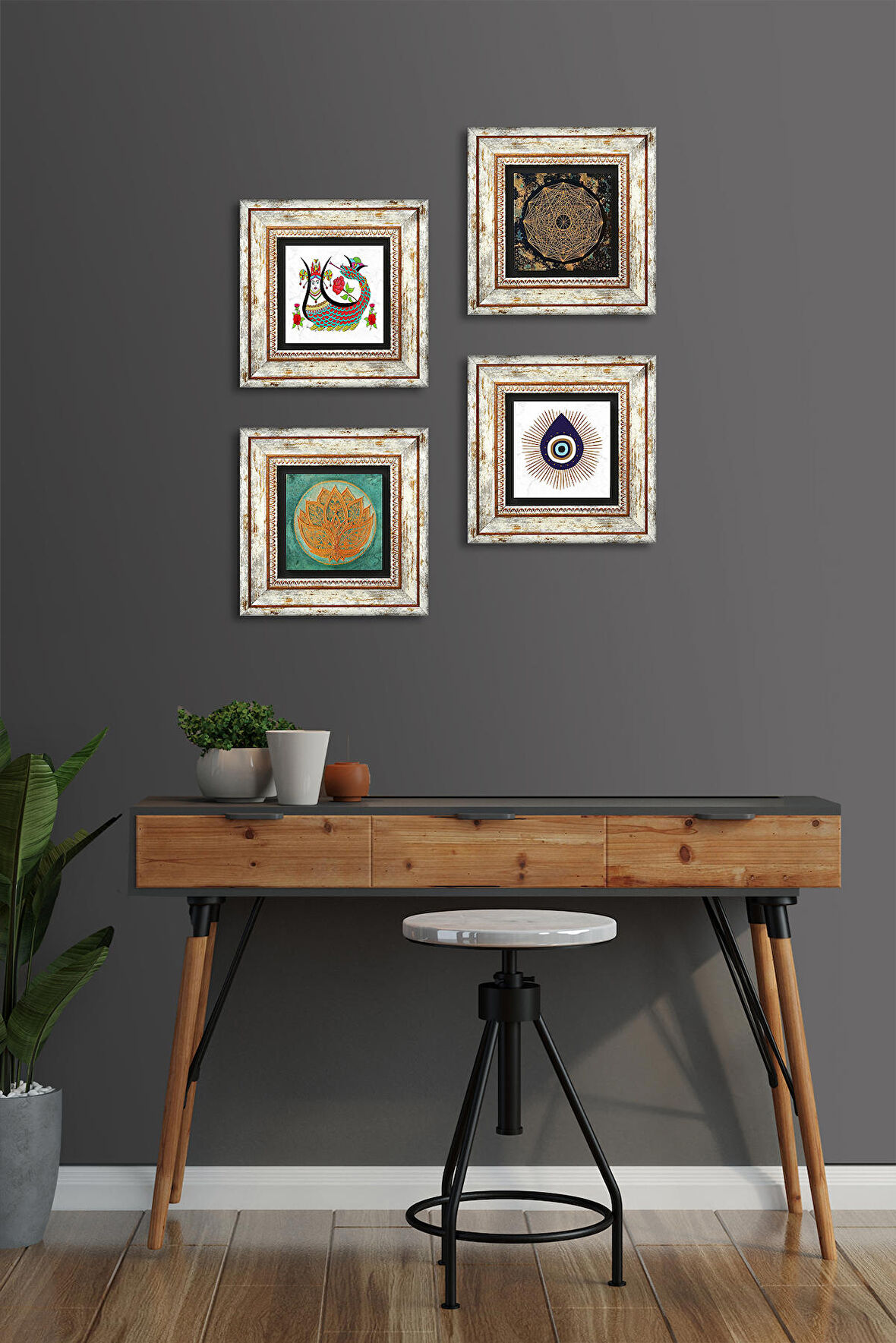 Nazar, Sri Yantra, Lotus Çiçeği, Şahmeran Taş Duvar Tablosu Çerçeveli Duvar Dekoru 4 Parça Tablo Seti Wall Art