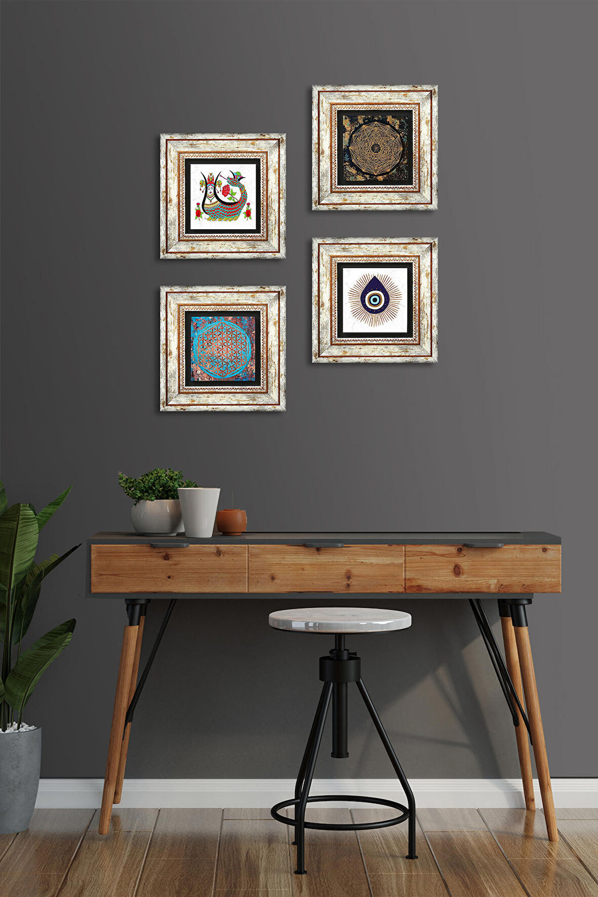 Nazar, Sri Yantra, Yaşam Çiçeği, Şahmeran Taş Duvar Tablosu Çerçeveli Duvar Dekoru 4 Parça Tablo Seti Wall Art