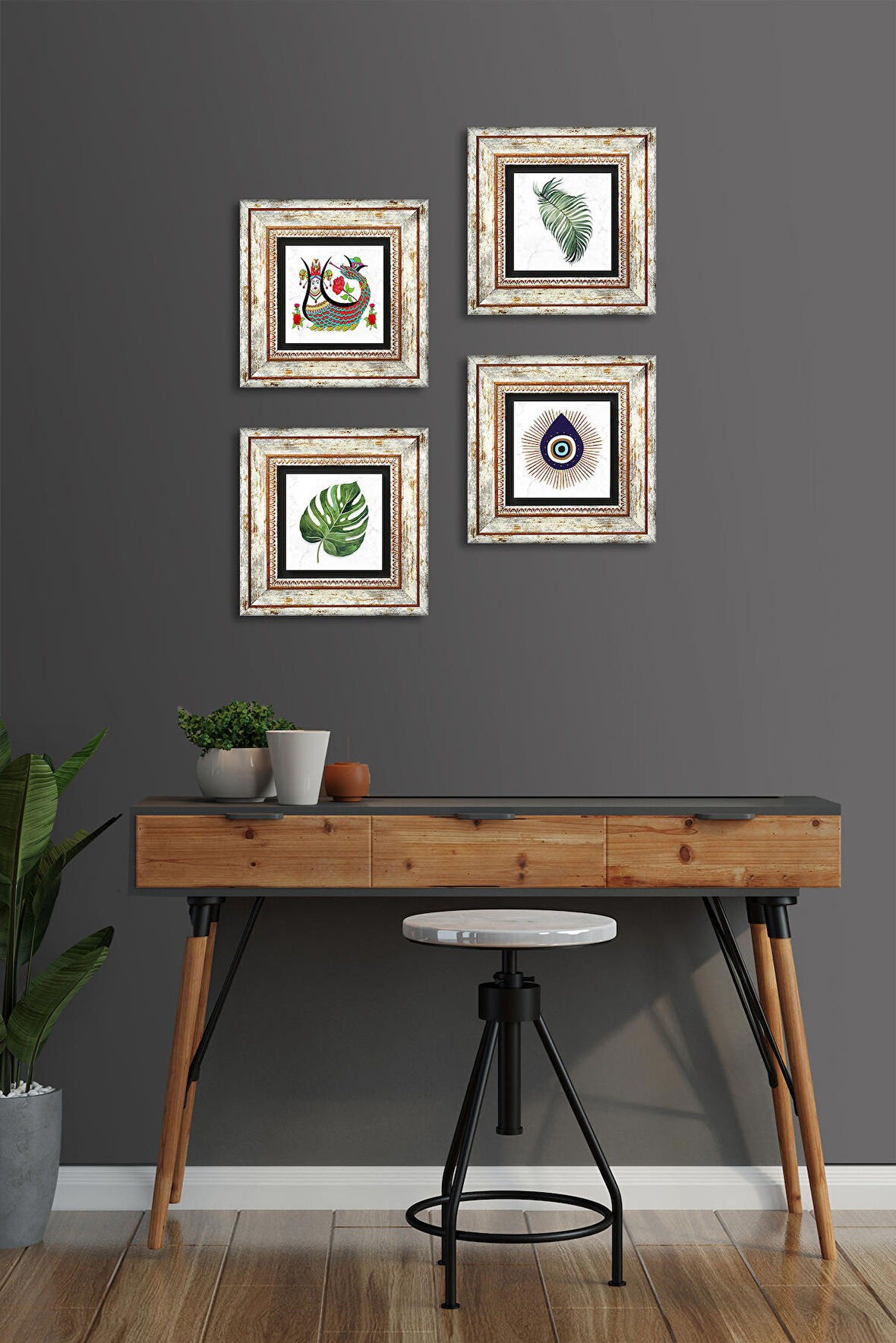 Nazar, Yaprak, Şahmeran Taş Duvar Tablosu Çerçeveli Duvar Dekoru 4 Parça Tablo Seti Wall Art