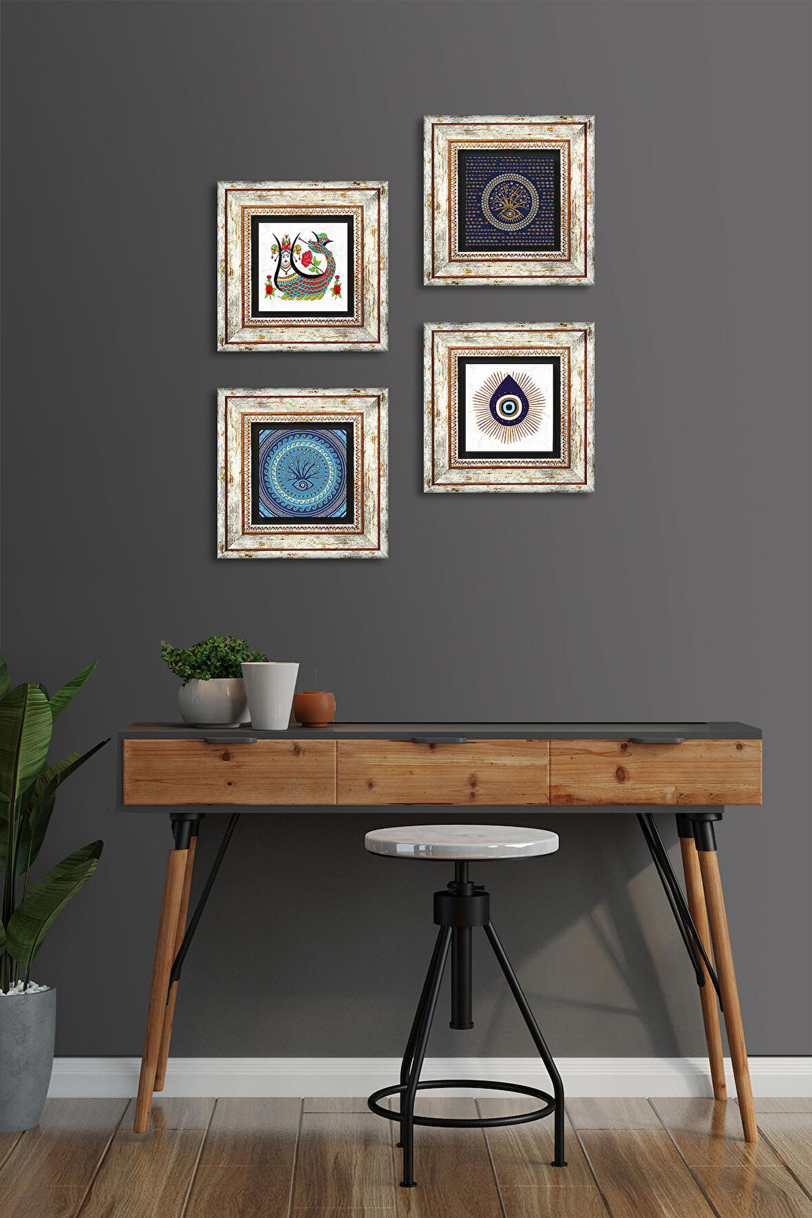 Nazar, Şahmeran Taş Duvar Tablosu Çerçeveli Duvar Dekoru 4 Parça Tablo Seti Wall Art