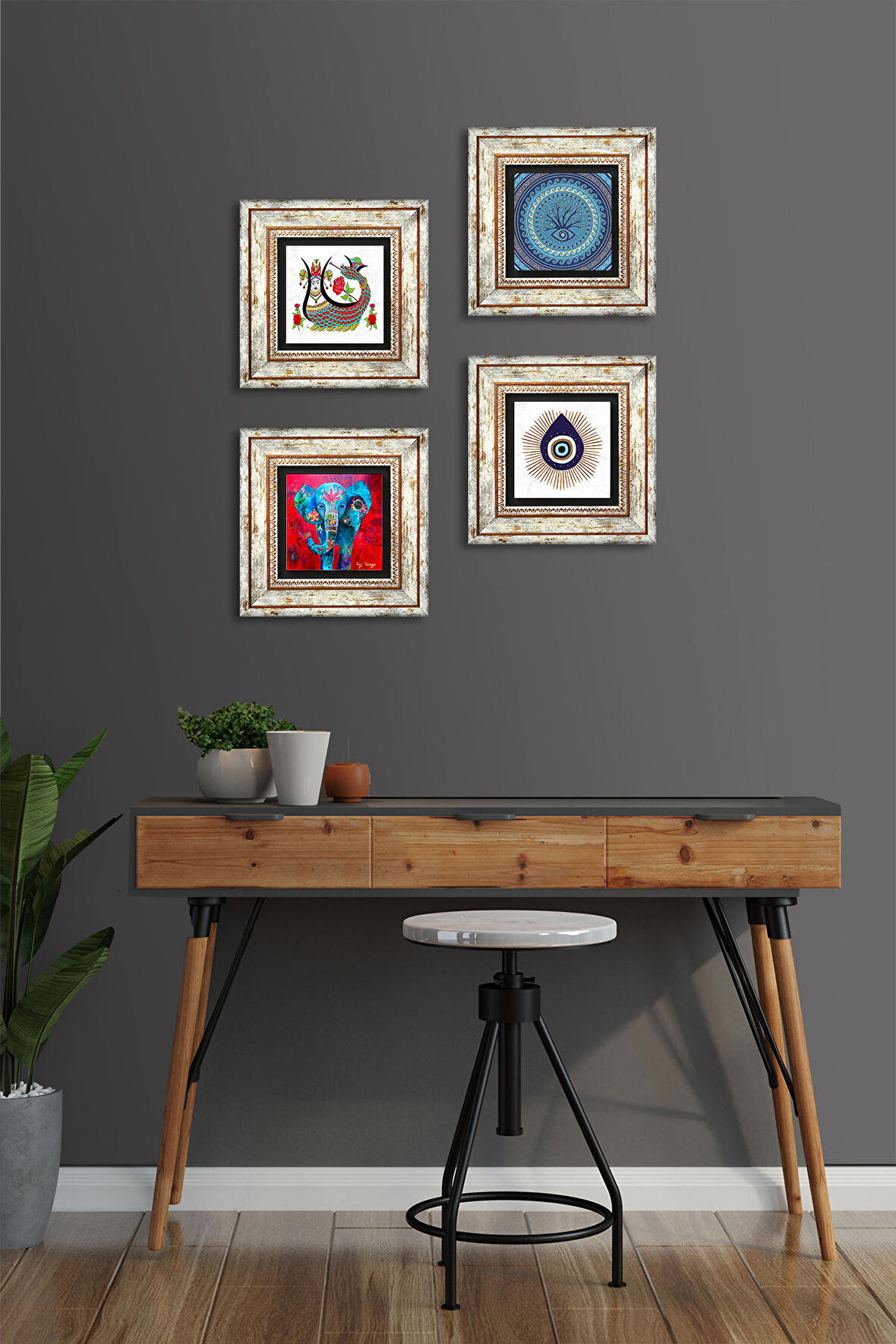 Fil, Nazar, Şahmeran Taş Duvar Tablosu Çerçeveli Duvar Dekoru 4 Parça Tablo Seti Wall Art