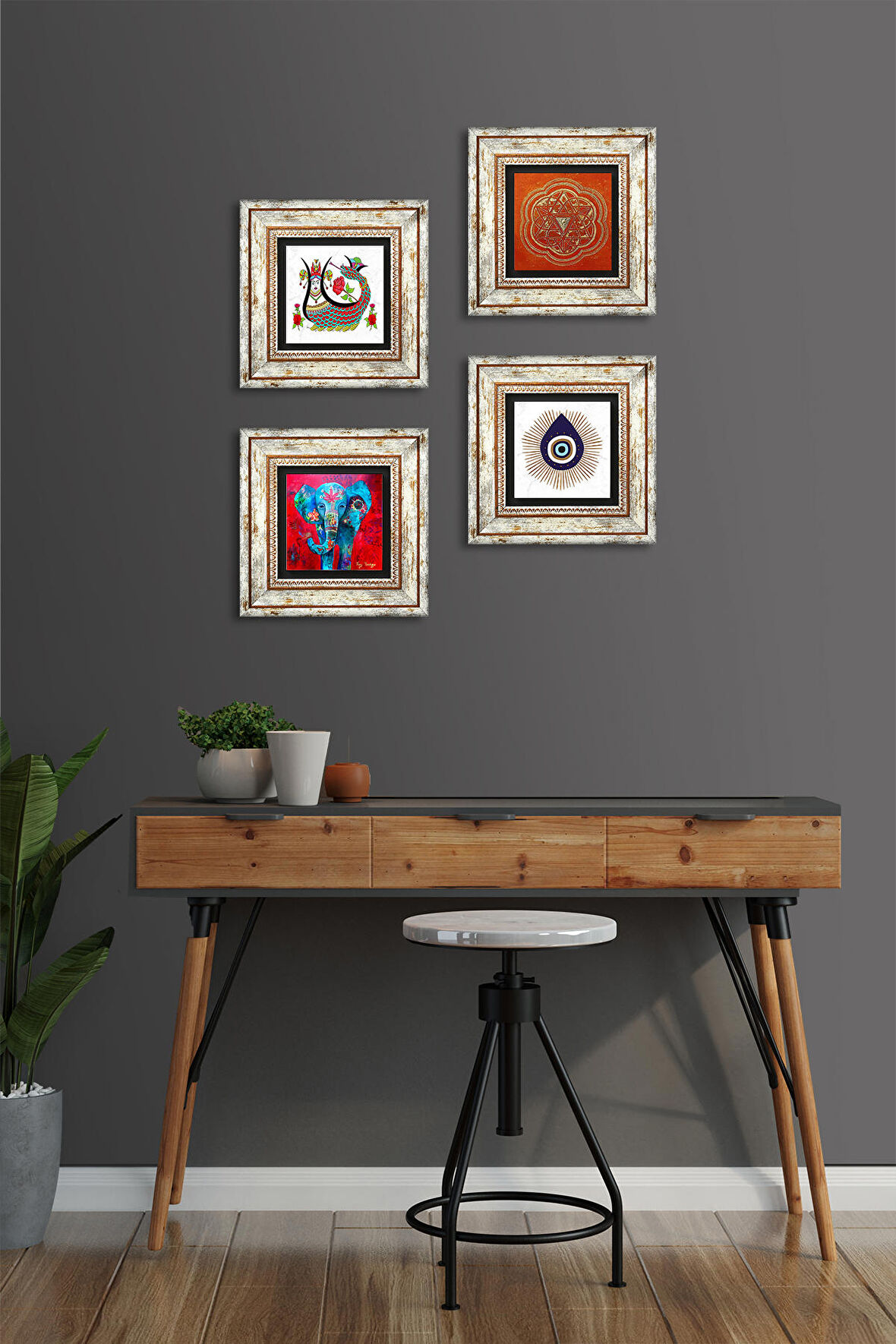 Nazar, Fil, Sri Yantra, Şahmeran Taş Duvar Tablosu Çerçeveli Duvar Dekoru 4 Parça Tablo Seti Wall Art