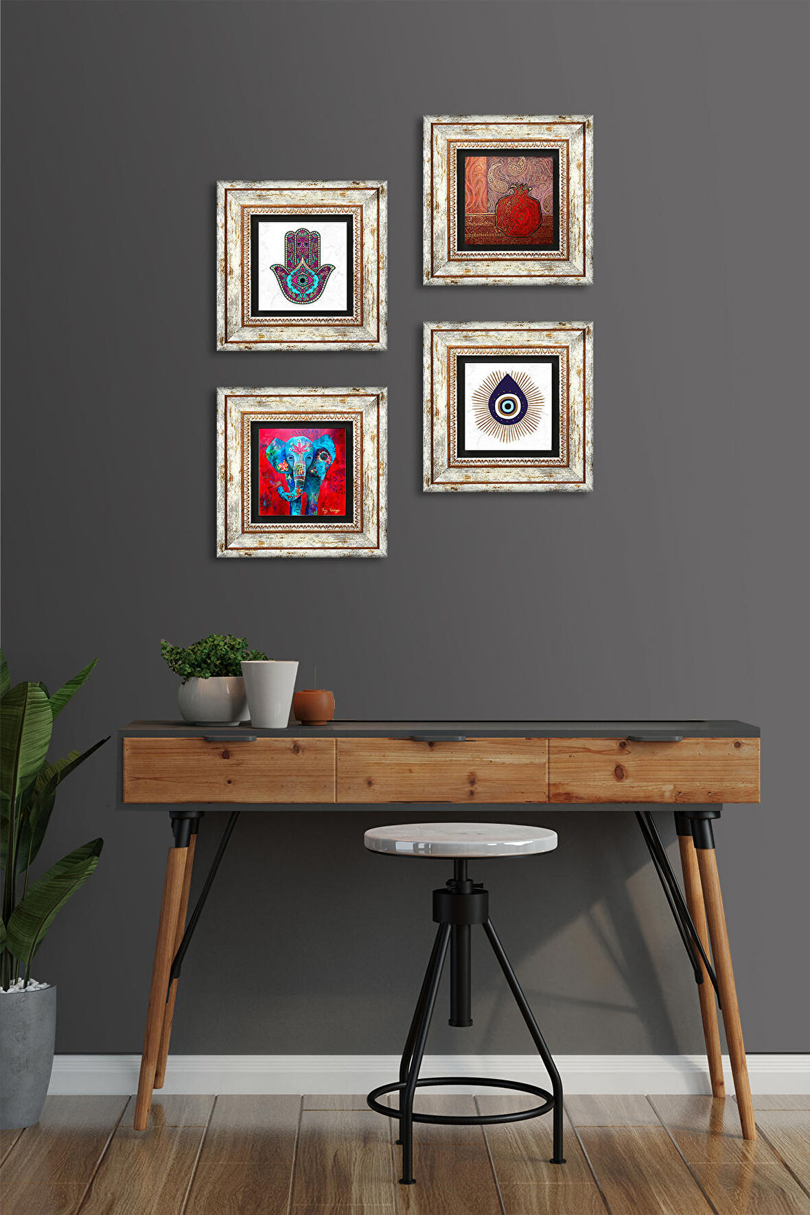 Nazar, Fil, Fatma Ana Eli (Hamsa), Nar Taş Duvar Tablosu Çerçeveli Duvar Dekoru 4 Parça Tablo Seti Wall Art