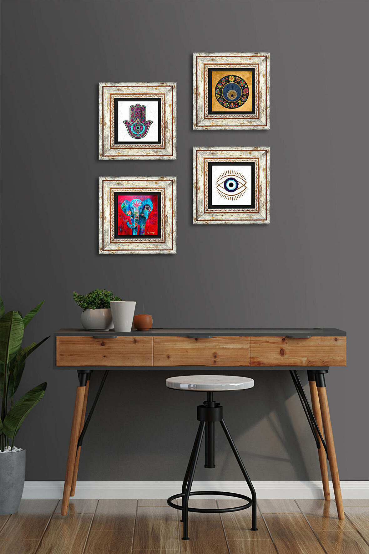 Fil, Fatma Ana Eli (Hamsa), Nazar Taş Duvar Tablosu Çerçeveli Duvar Dekoru 4 Parça Tablo Seti Wall Art