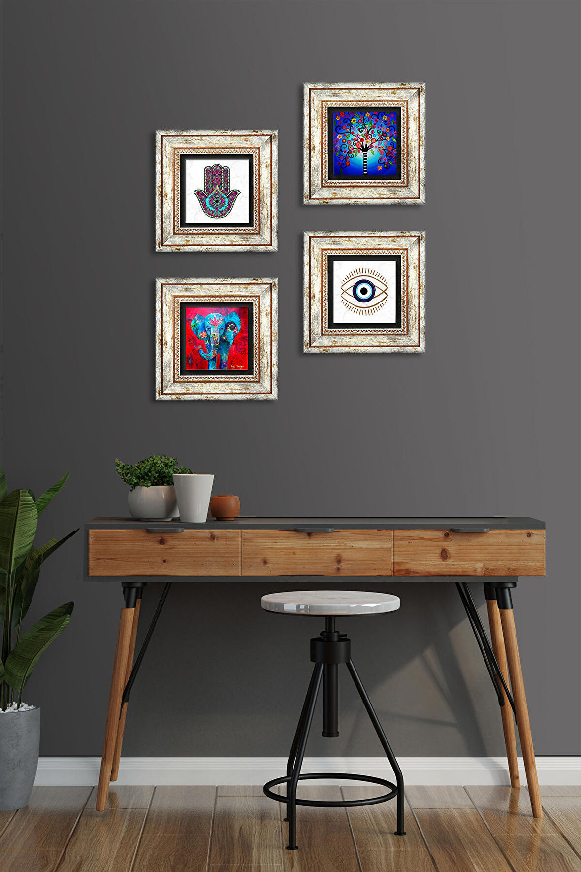Nazar, Fil, Fatma Ana Eli (Hamsa), Hayat Ağacı Taş Duvar Tablosu Çerçeveli Duvar Dekoru 4 Parça Tablo Seti Wall Art