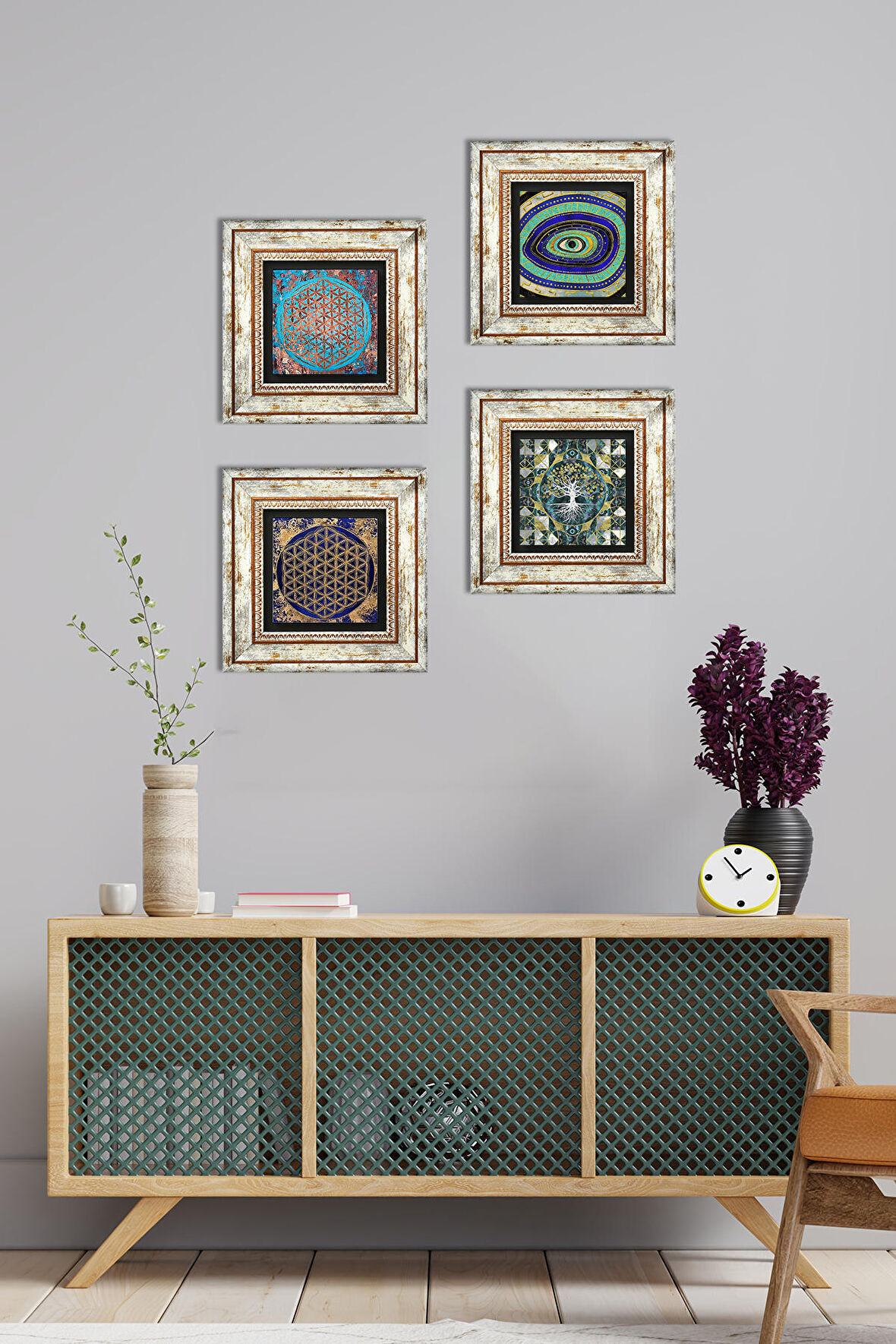 Hayat Ağacı, Nazar, Yaşam Çiçeği Taş Duvar Tablosu Çerçeveli Duvar Dekoru 4 Parça Tablo Seti Wall Art