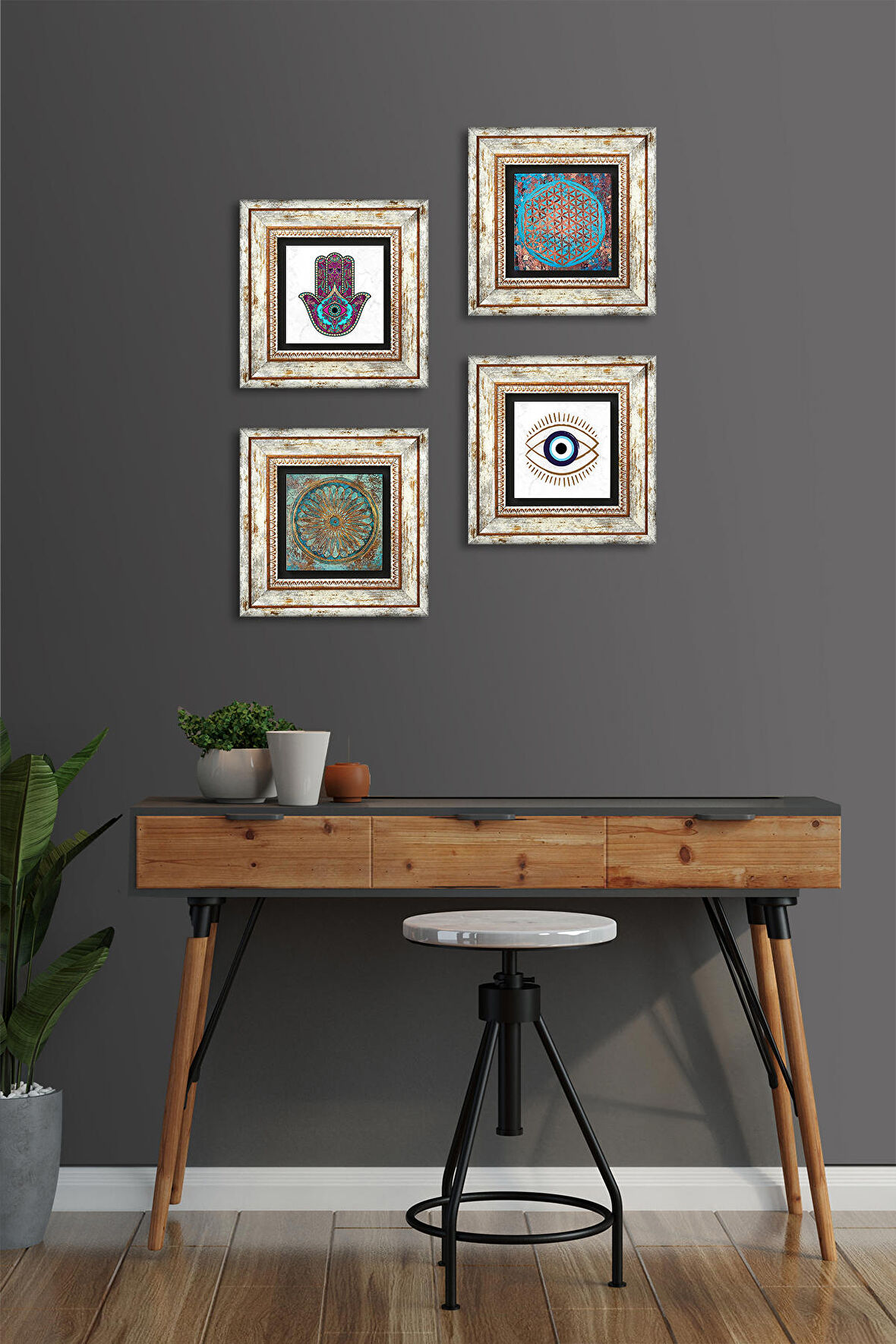 Nazar, Yaşam Çiçeği, Fatma Ana Eli (Hamsa) Taş Duvar Tablosu Çerçeveli Duvar Dekoru 4 Parça Tablo Seti Wall Art