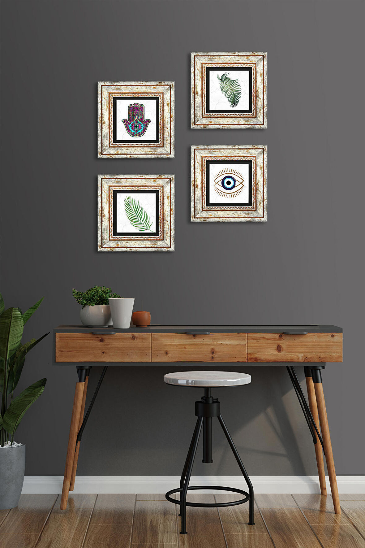 Nazar, Yaprak, Fatma Ana Eli (Hamsa) Taş Duvar Tablosu Çerçeveli Duvar Dekoru 4 Parça Tablo Seti Wall Art