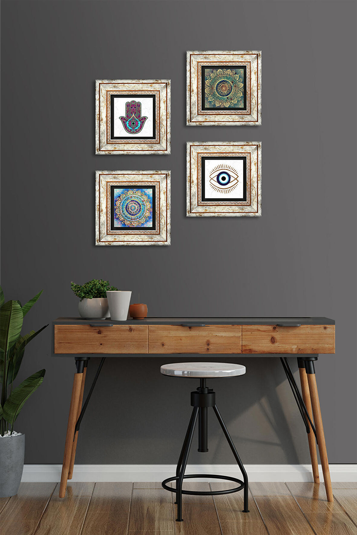 Nazar, Mandala, Fatma Ana Eli (Hamsa) Taş Duvar Tablosu Çerçeveli Duvar Dekoru 4 Parça Tablo Seti Wall Art