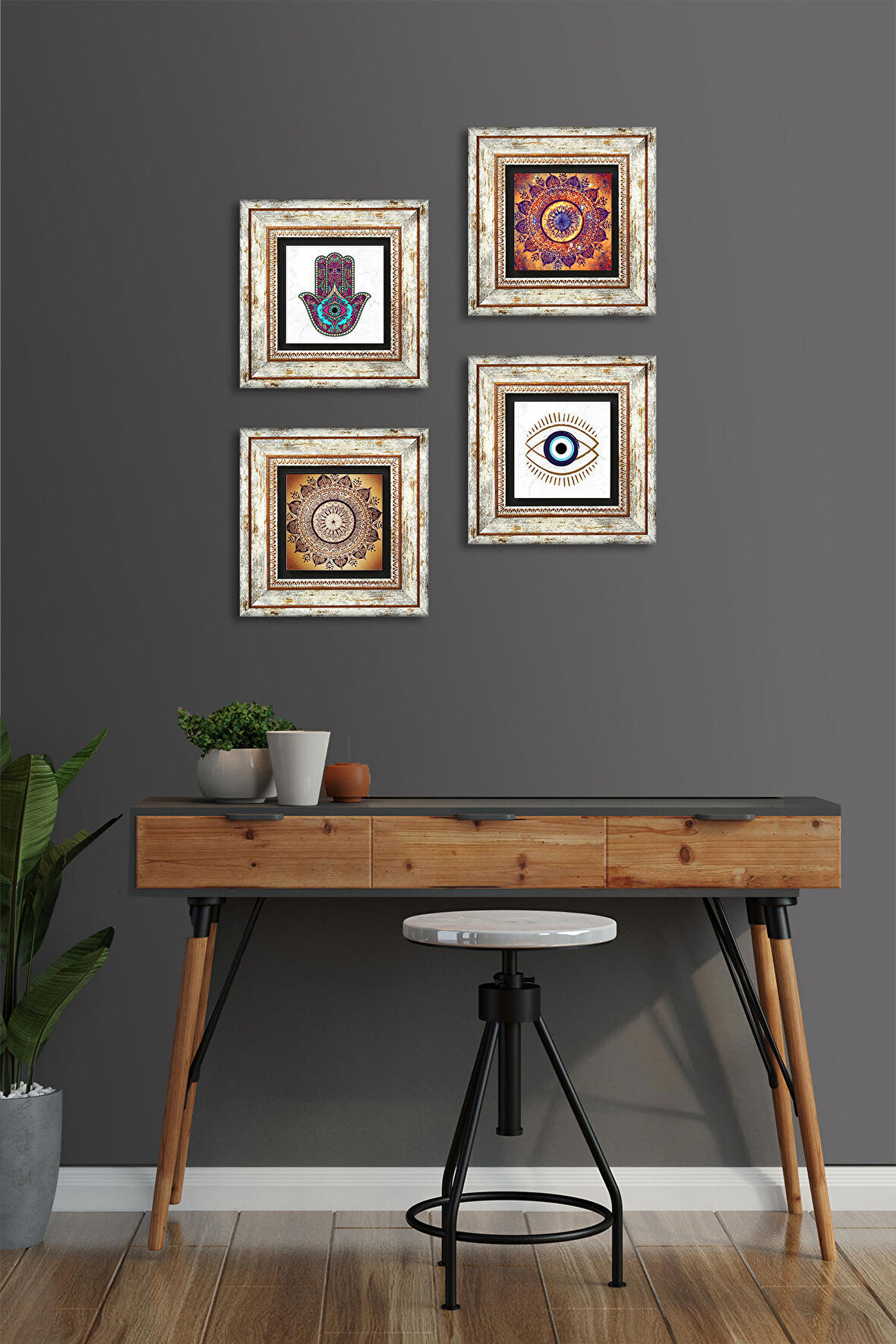 Nazar, Mandala, Fatma Ana Eli (Hamsa) Taş Duvar Tablosu Çerçeveli Duvar Dekoru 4 Parça Tablo Seti Wall Art