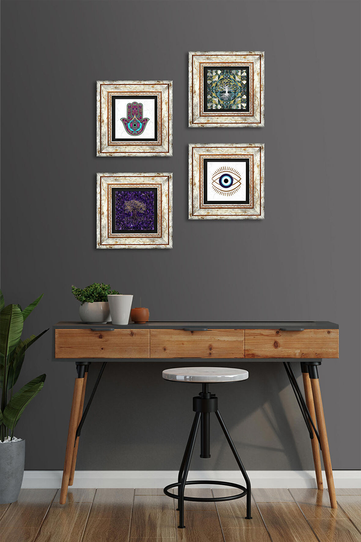 Nazar, Hayat Ağacı, Fatma Ana Eli (Hamsa) Taş Duvar Tablosu Çerçeveli Duvar Dekoru 4 Parça Tablo Seti Wall Art