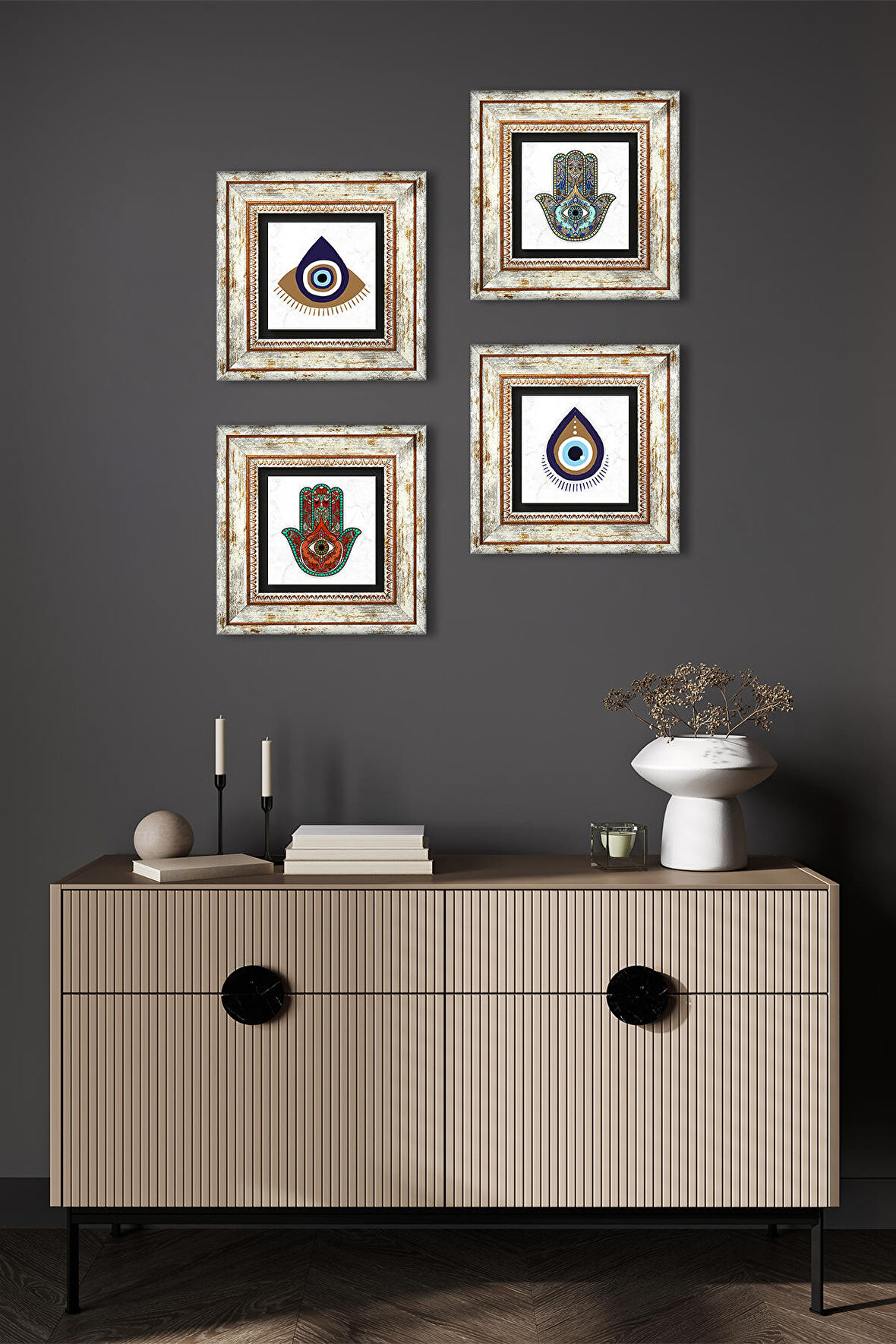 Nazar, Fatma Ana Eli (Hamsa) Taş Duvar Tablosu Çerçeveli Duvar Dekoru 4 Parça Tablo Seti Wall Art
