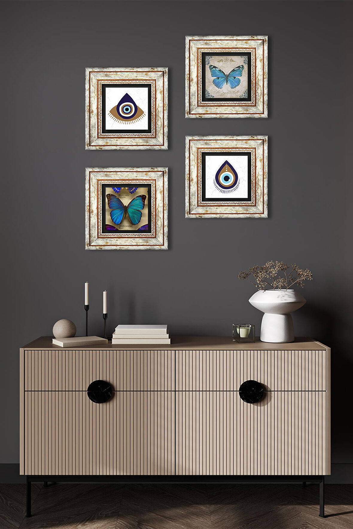 Nazar, Kelebek Taş Duvar Tablosu Çerçeveli Duvar Dekoru 4 Parça Tablo Seti Wall Art