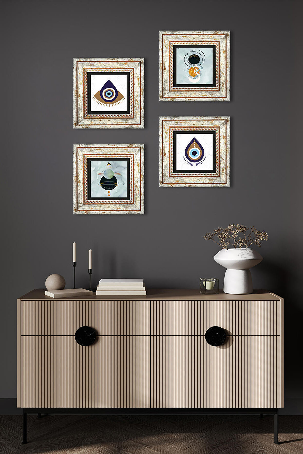Nazar, Minimalist Soyut Taş Duvar Tablosu Çerçeveli Duvar Dekoru 4 Parça Tablo Seti Wall Art