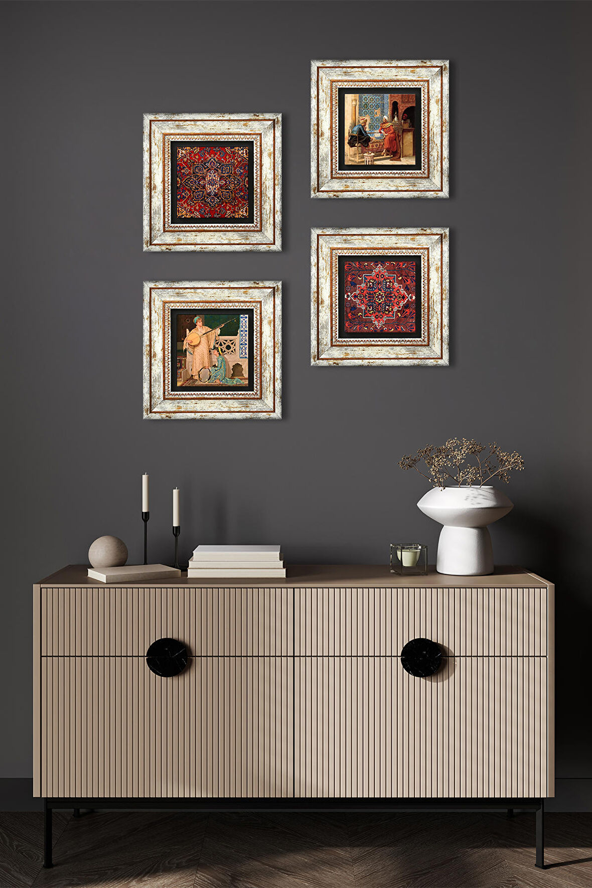 Desen, Satranç Oyunu, İki Müzisyen Kız Tablosu Taş Duvar Tablosu Çerçeveli Duvar Dekoru 4 Parça Tablo Seti Wall Art