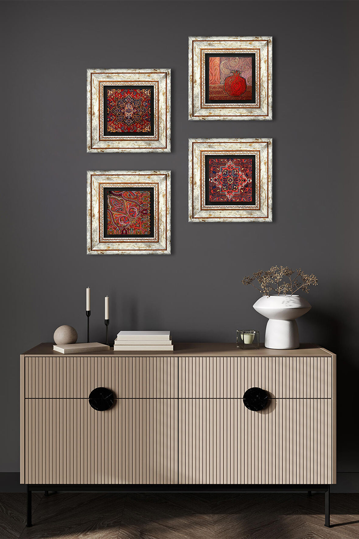 Desen, Nar Taş Duvar Tablosu Çerçeveli Duvar Dekoru 4 Parça Tablo Seti Wall Art