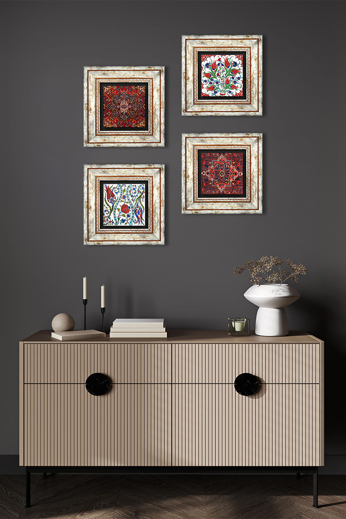 Desen, Lale Taş Duvar Tablosu Çerçeveli Duvar Dekoru 4 Parça Tablo Seti Wall Art