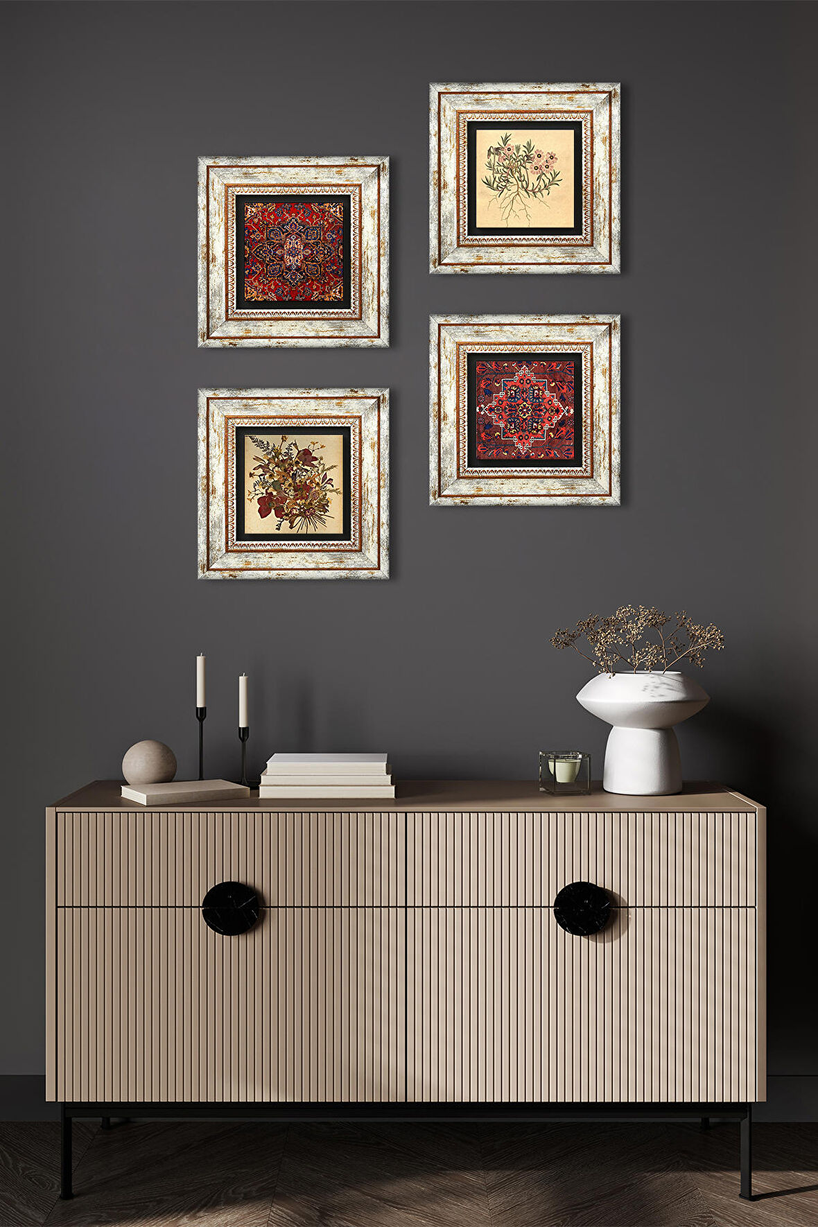 Desen, Vintage Çiçek Taş Duvar Tablosu Çerçeveli Duvar Dekoru 4 Parça Tablo Seti Wall Art
