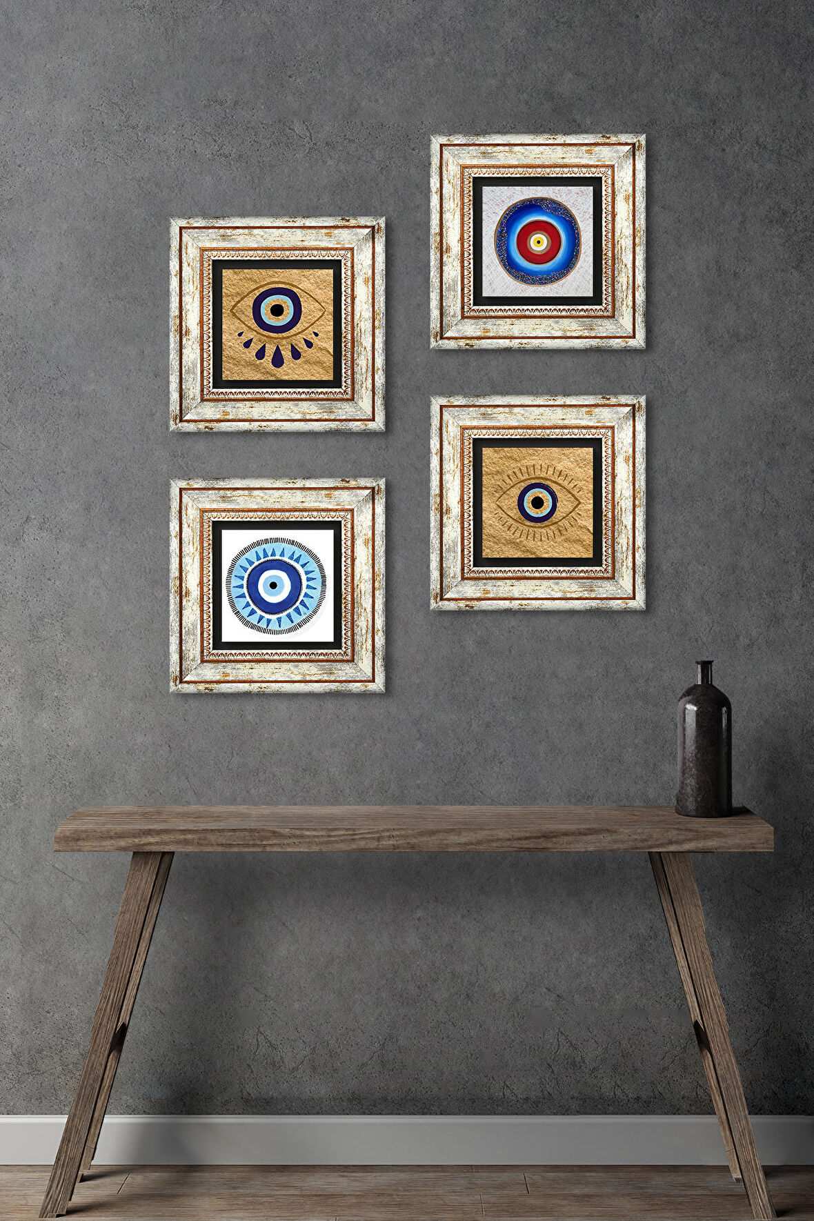 Nazar Taş Duvar Tablosu Çerçeveli Duvar Dekoru 4 Parça Tablo Seti Wall Art
