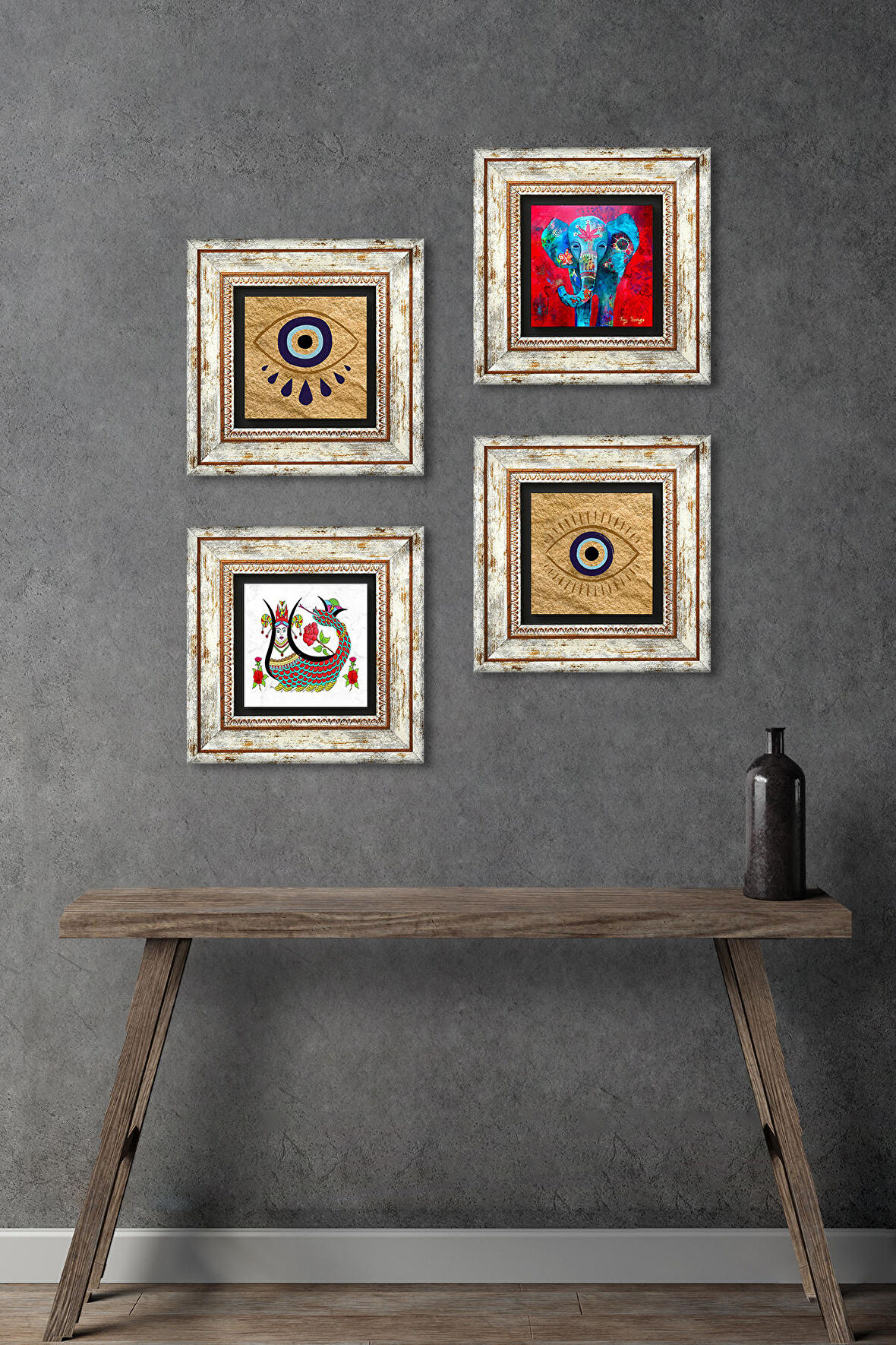 Nazar, Fil, Şahmeran Taş Duvar Tablosu Çerçeveli Duvar Dekoru 4 Parça Tablo Seti Wall Art