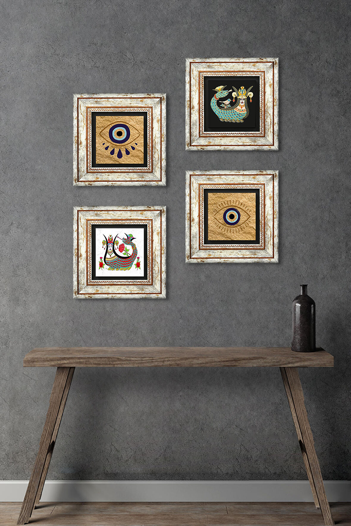 Nazar, Şahmeran Taş Duvar Tablosu Çerçeveli Duvar Dekoru 4 Parça Tablo Seti Wall Art