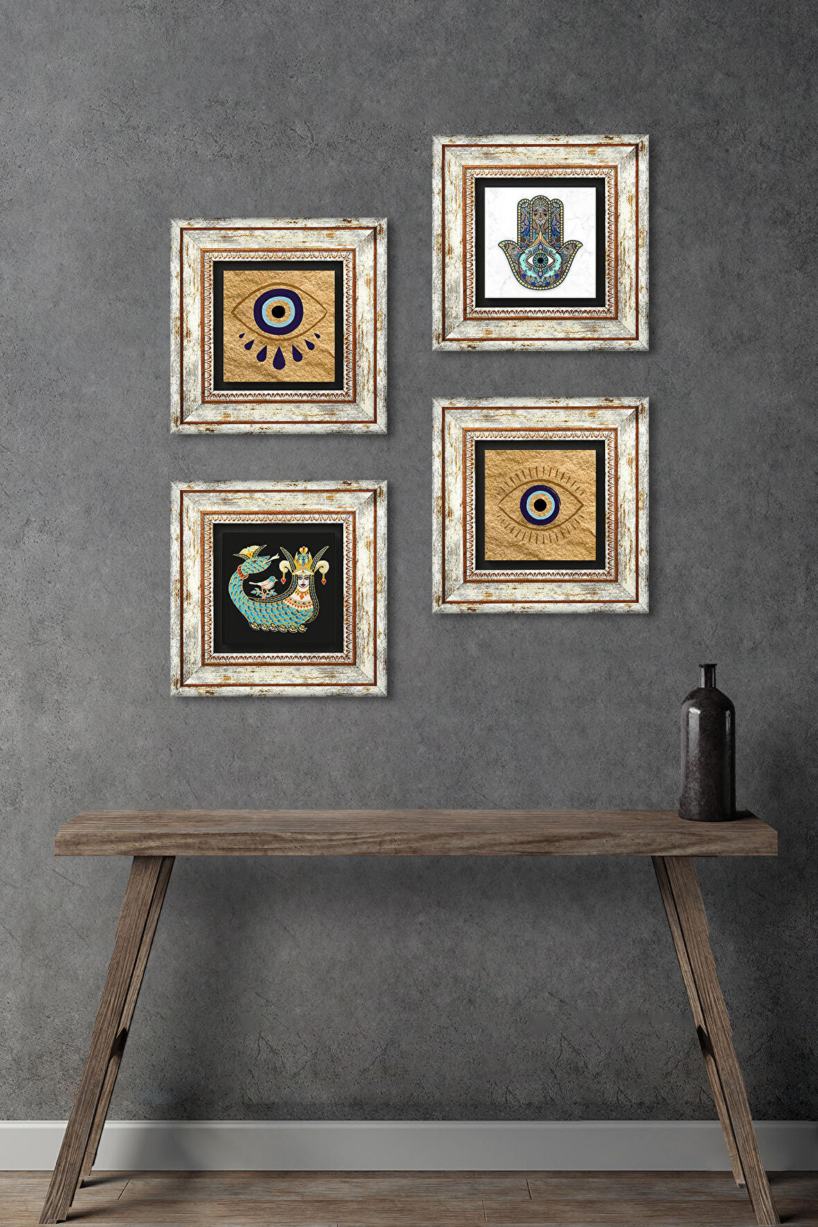 Nazar, Şahmeran, Fatma Ana Eli (Hamsa) Taş Duvar Tablosu Çerçeveli Duvar Dekoru 4 Parça Tablo Seti Wall Art