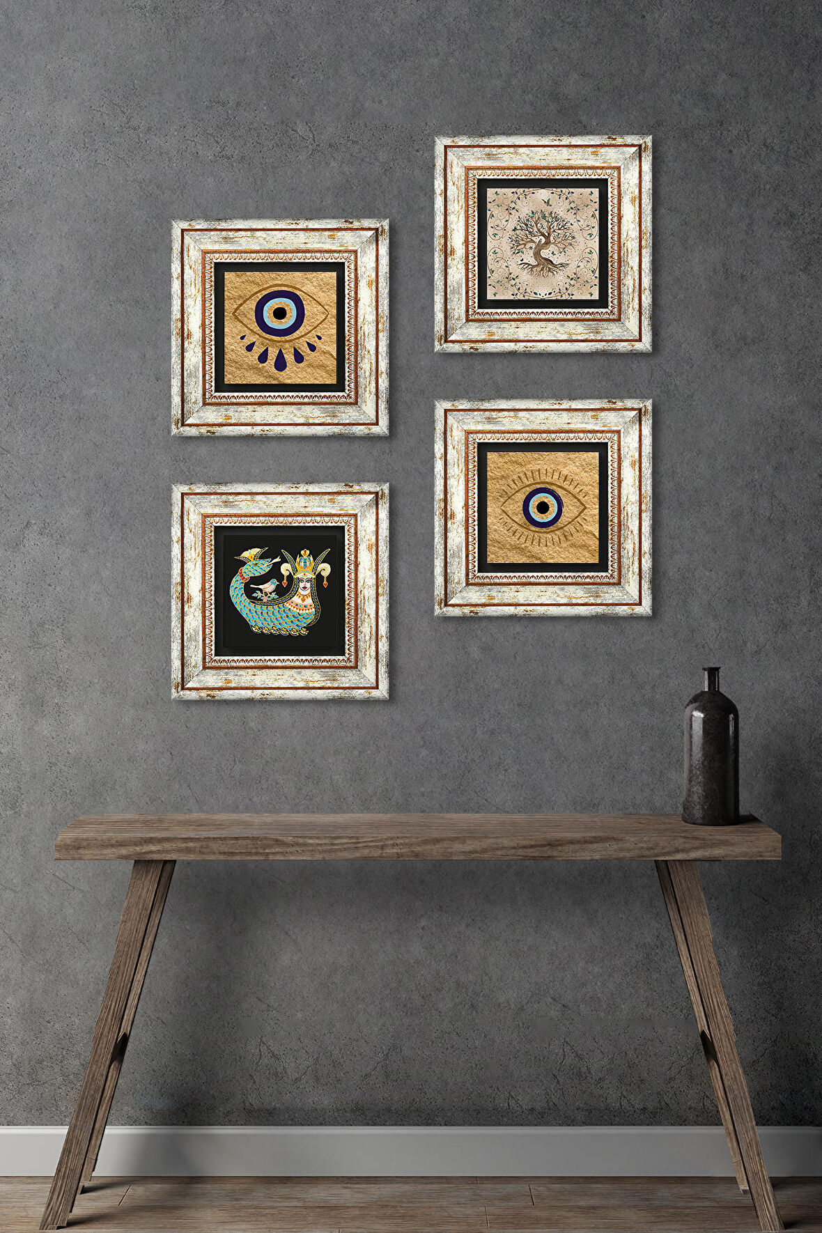 Nazar, Şahmeran, Hayat Ağacı Taş Duvar Tablosu Çerçeveli Duvar Dekoru 4 Parça Tablo Seti Wall Art