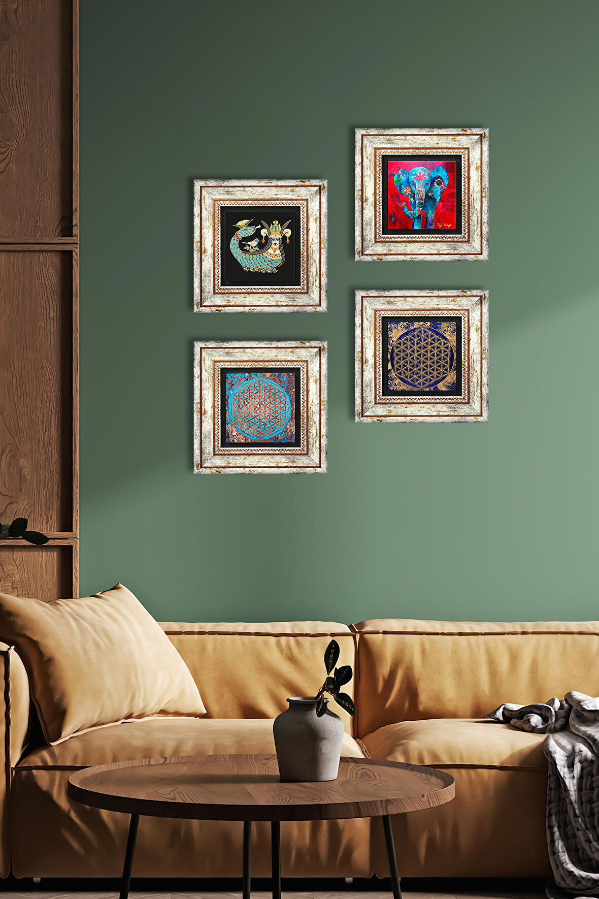 Fil, Yaşam Çiçeği, Şahmeran Taş Duvar Tablosu Çerçeveli Duvar Dekoru 4 Parça Tablo Seti Wall Art