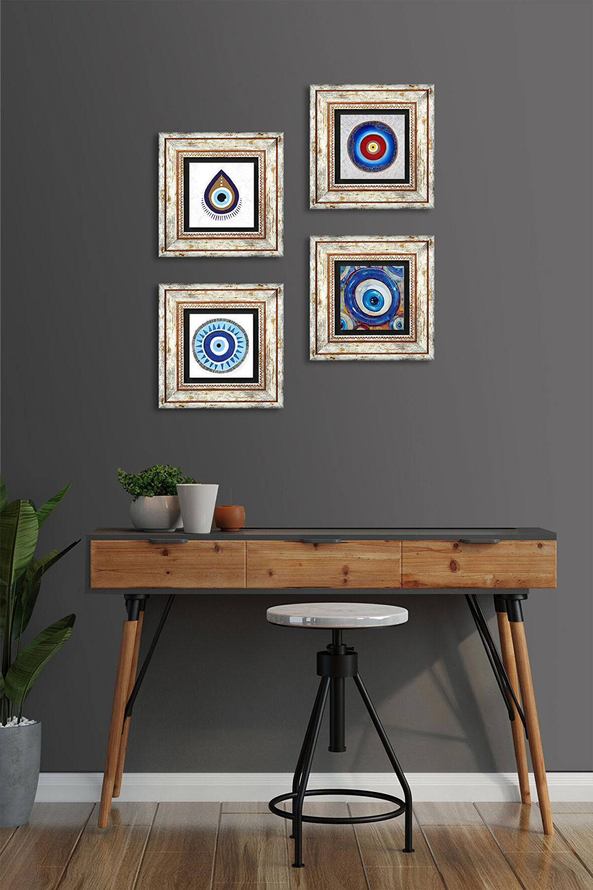 Nazar Taş Duvar Tablosu Çerçeveli Duvar Dekoru 4 Parça Tablo Seti Wall Art