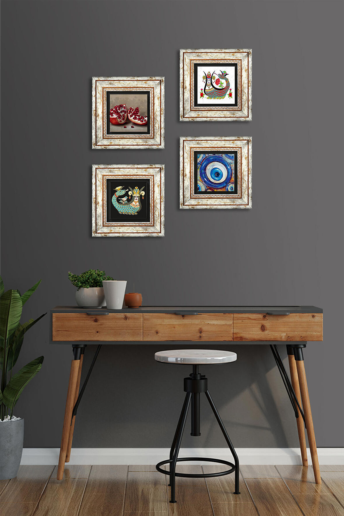 Nazar, Şahmeran, Nar Taş Duvar Tablosu Çerçeveli Duvar Dekoru 4 Parça Tablo Seti Wall Art