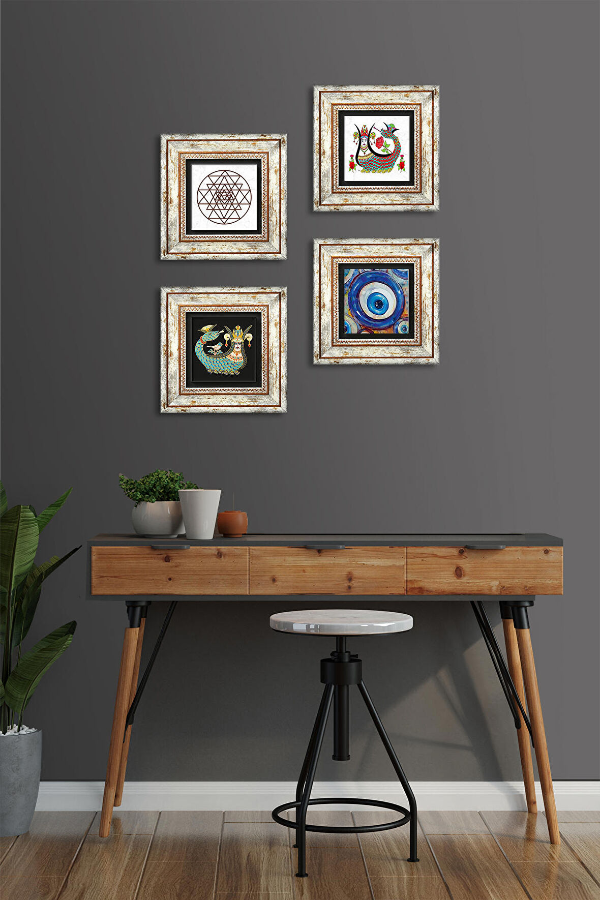 Nazar, Sri Yantra, Şahmeran Taş Duvar Tablosu Çerçeveli Duvar Dekoru 4 Parça Tablo Seti Wall Art