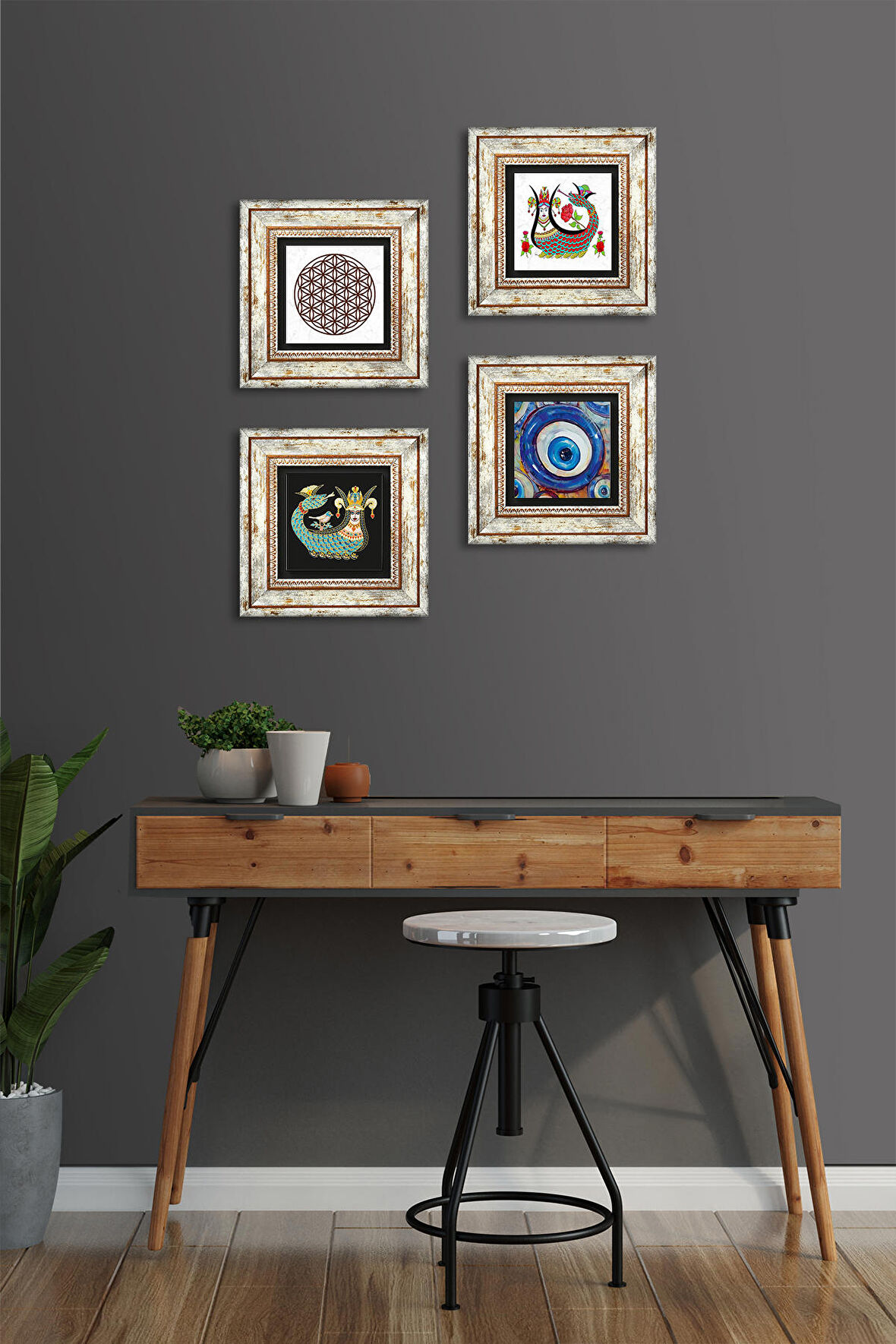 Nazar, Yaşam Çiçeği, Şahmeran Taş Duvar Tablosu Çerçeveli Duvar Dekoru 4 Parça Tablo Seti Wall Art