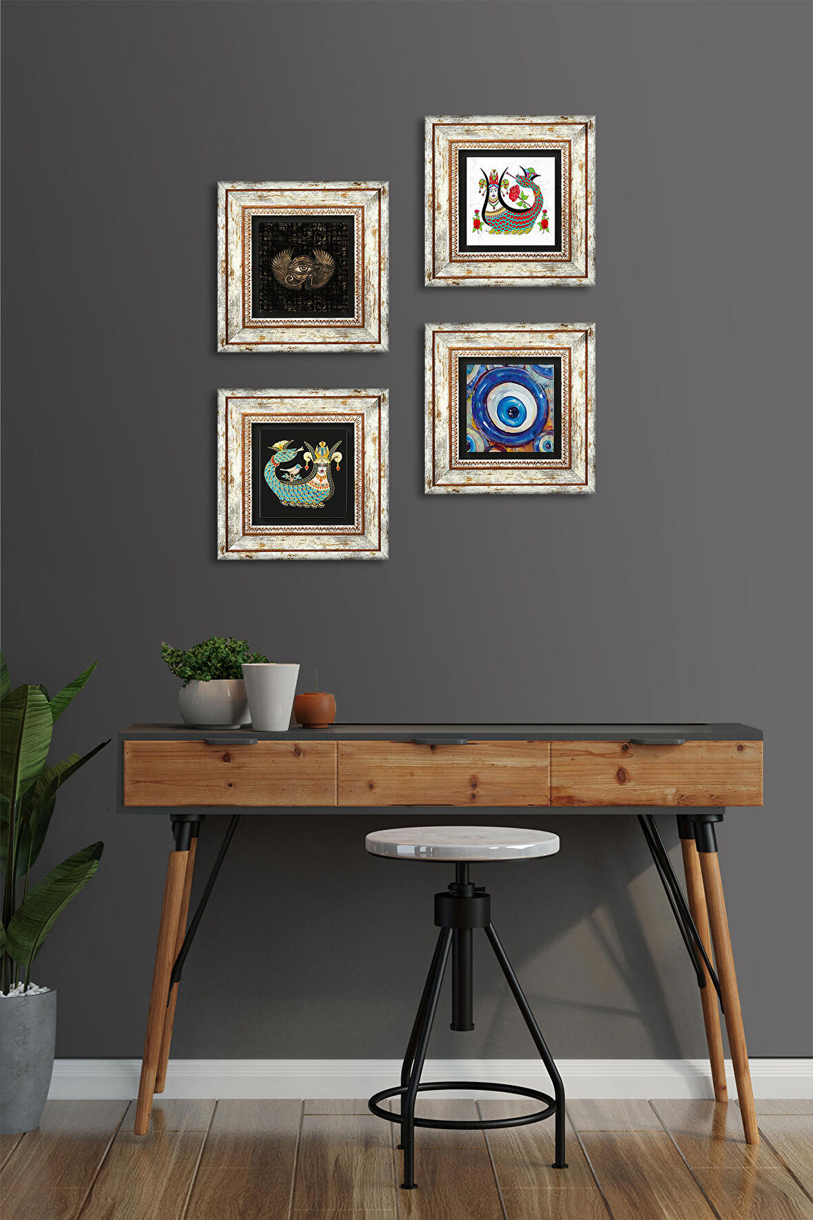 Nazar, Horus'un Gözü, Şahmeran Taş Duvar Tablosu Çerçeveli Duvar Dekoru 4 Parça Tablo Seti Wall Art