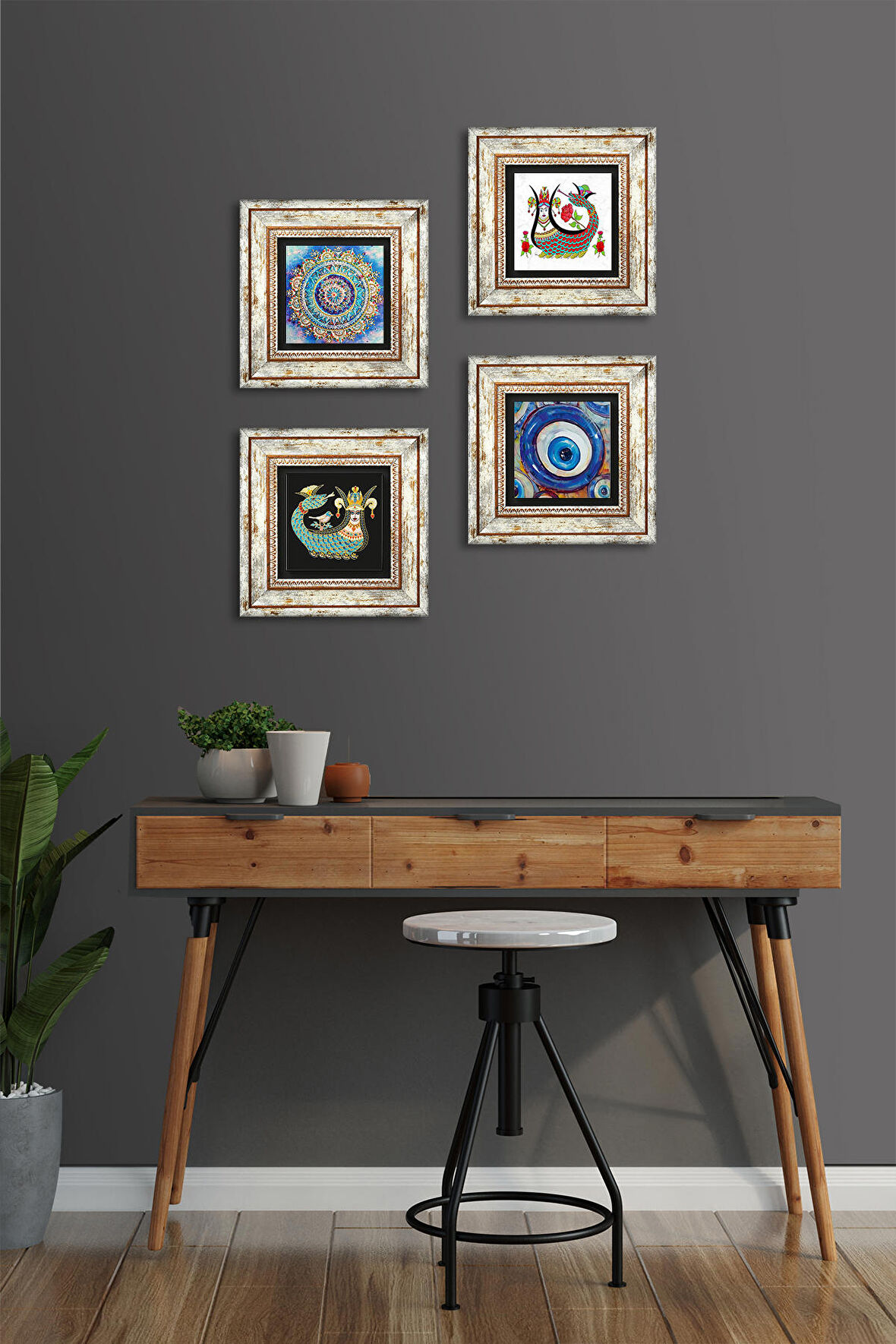 Nazar, Mandala, Şahmeran Taş Duvar Tablosu Çerçeveli Duvar Dekoru 4 Parça Tablo Seti Wall Art