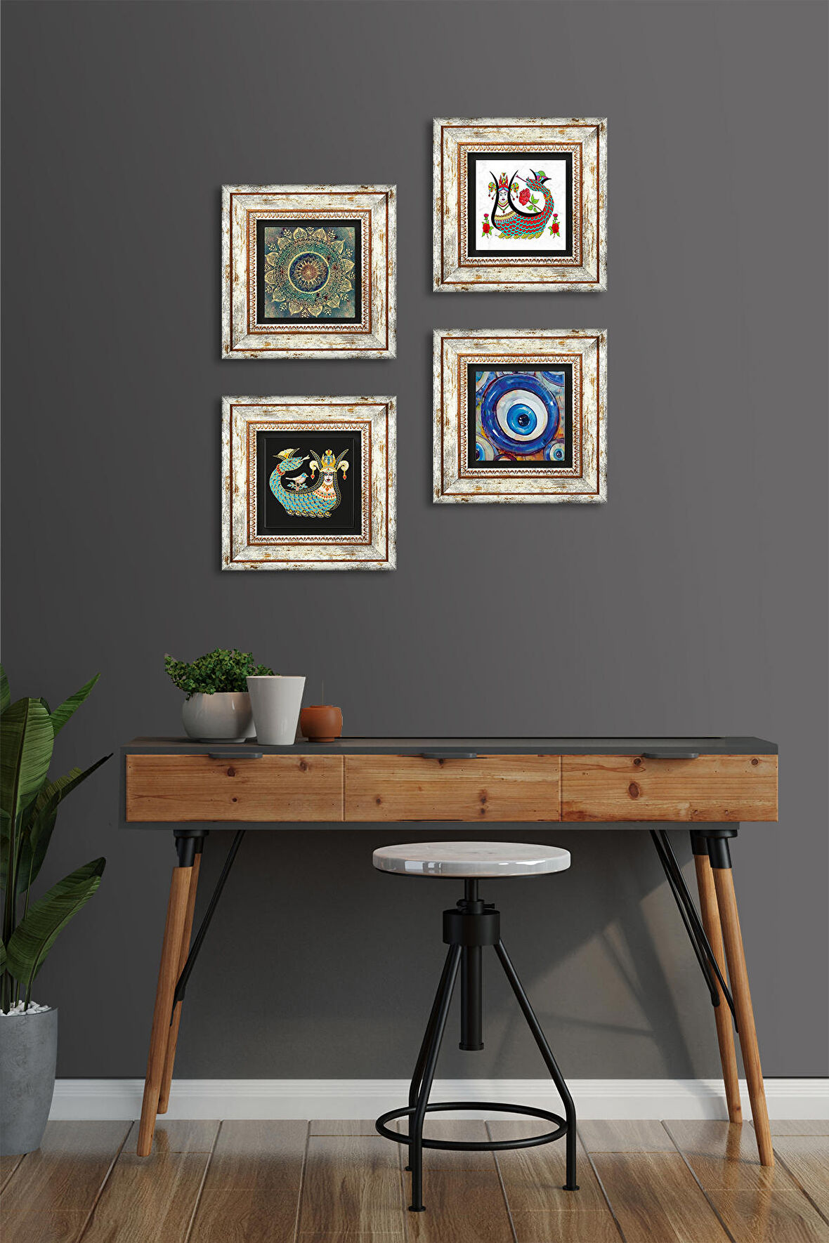 Nazar, Mandala, Şahmeran Taş Duvar Tablosu Çerçeveli Duvar Dekoru 4 Parça Tablo Seti Wall Art
