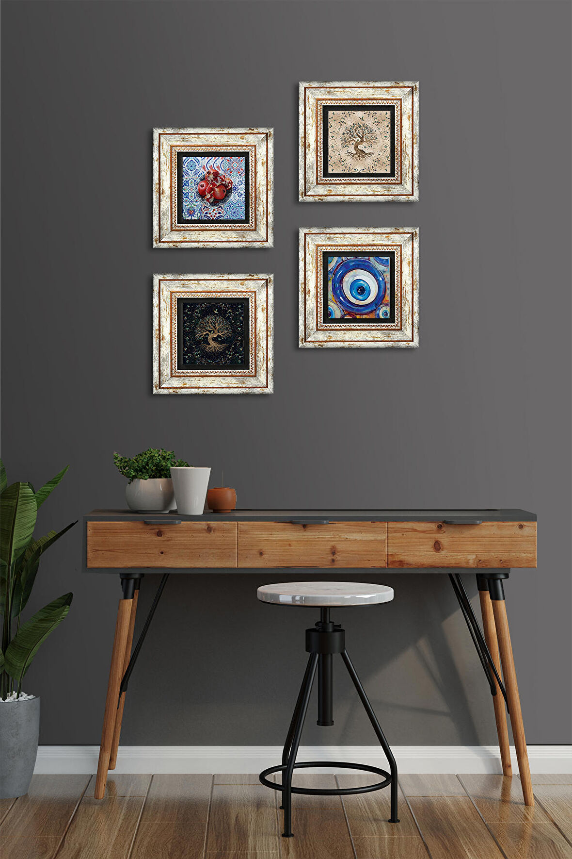 Nazar, Hayat Ağacı, Nar Taş Duvar Tablosu Çerçeveli Duvar Dekoru 4 Parça Tablo Seti Wall Art