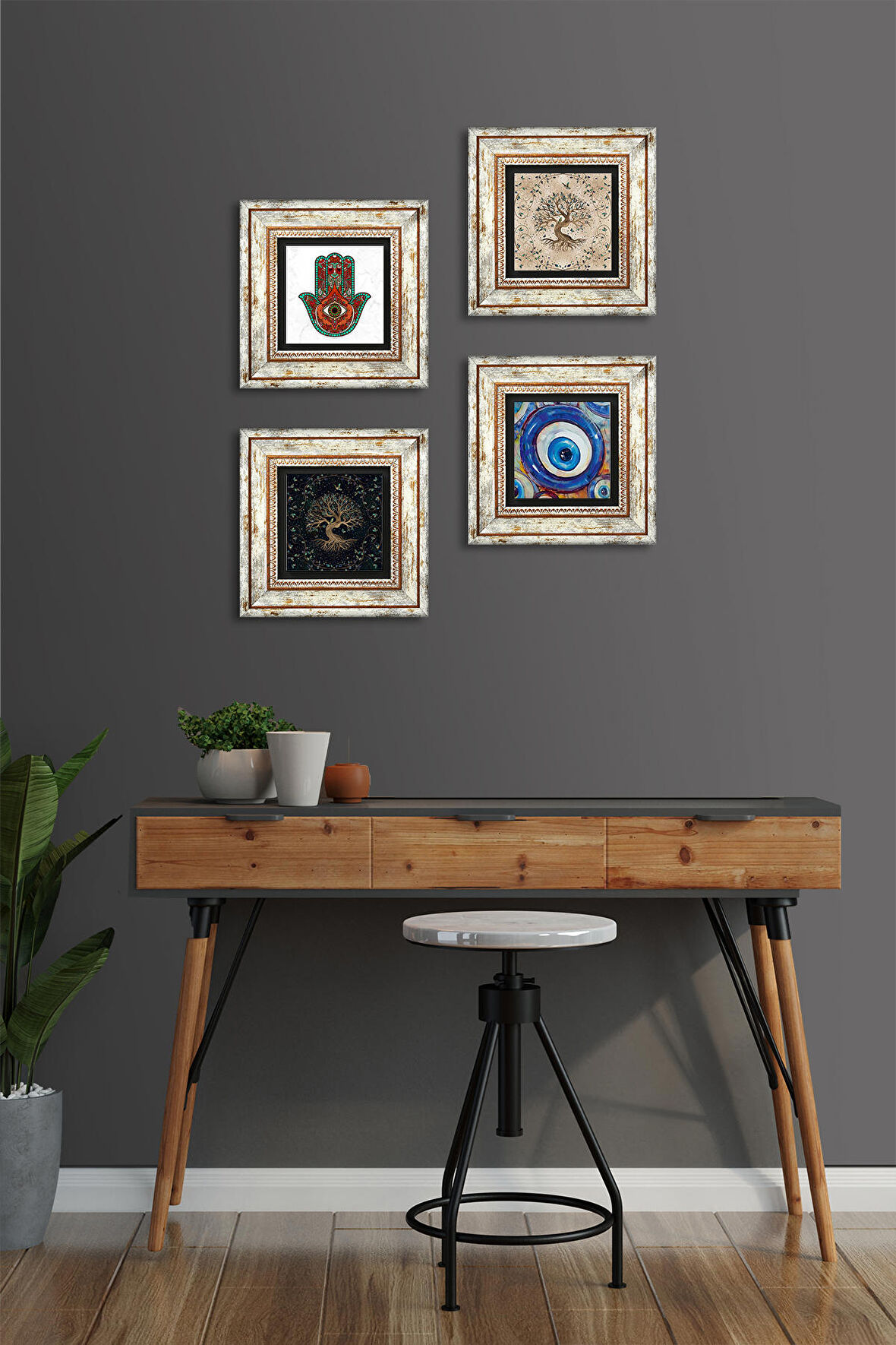 Nazar, Fatma Ana Eli (Hamsa), Hayat Ağacı Taş Duvar Tablosu Çerçeveli Duvar Dekoru 4 Parça Tablo Seti Wall Art
