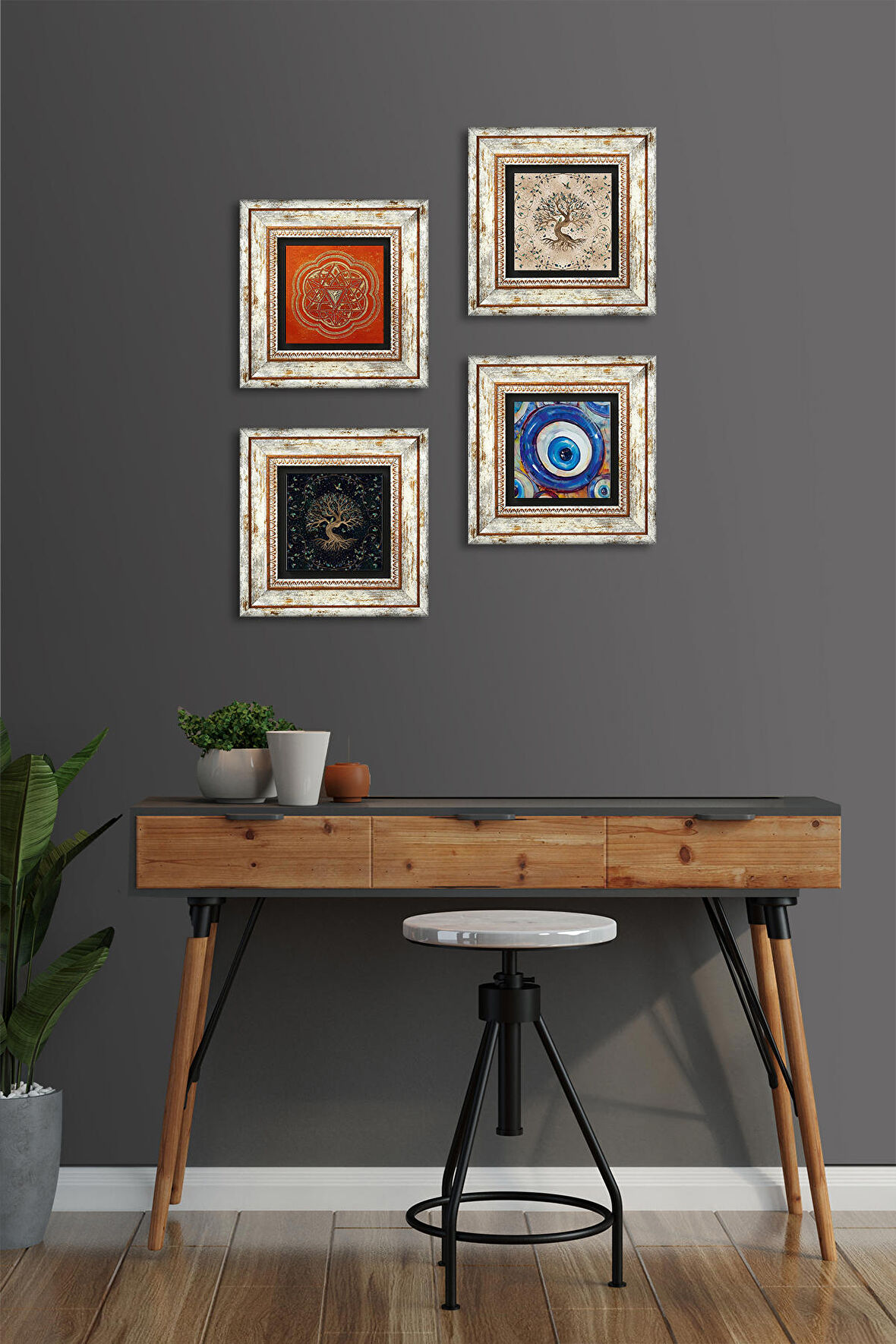 Nazar, Sri Yantra, Hayat Ağacı Taş Duvar Tablosu Çerçeveli Duvar Dekoru 4 Parça Tablo Seti Wall Art