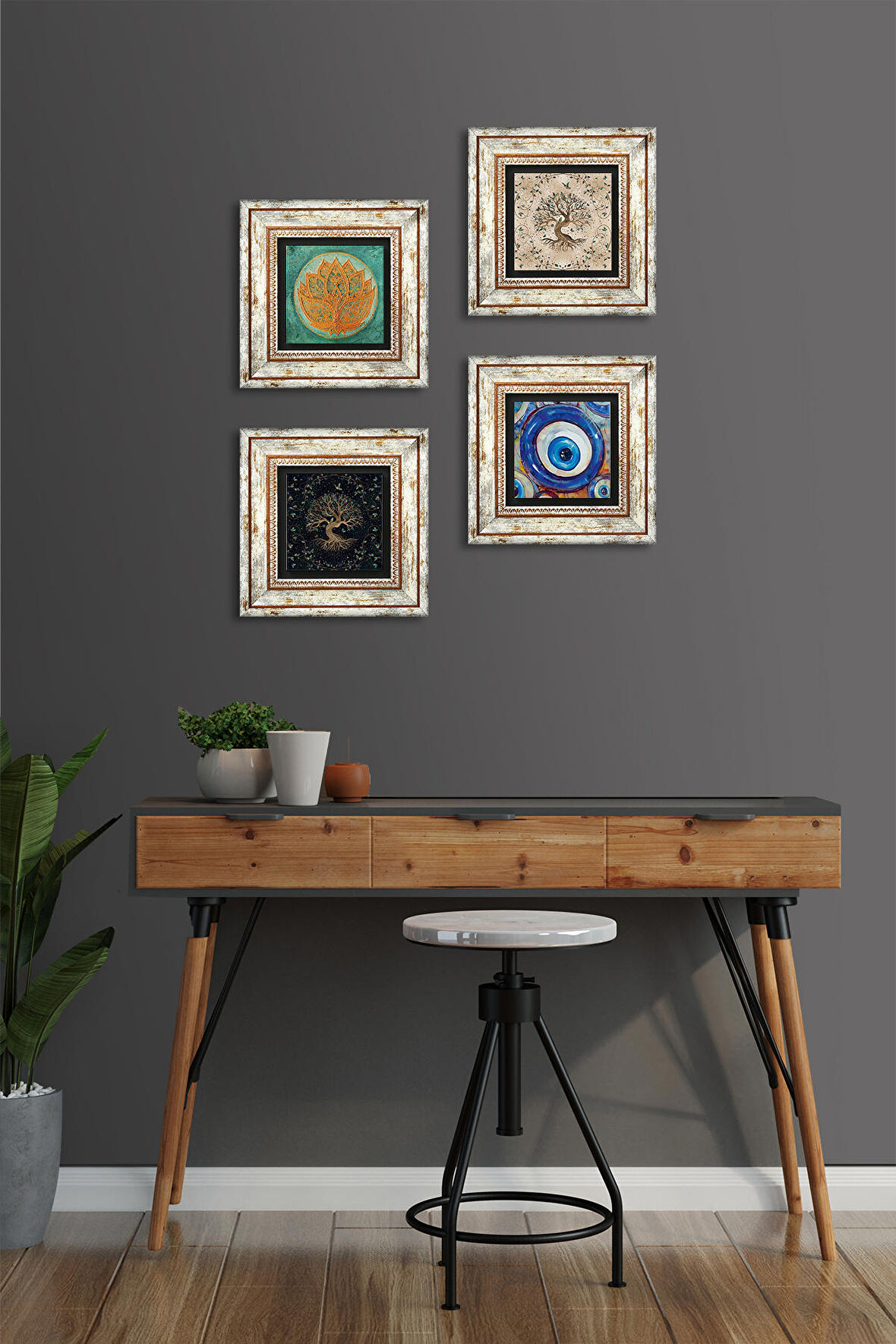 Nazar, Lotus Çiçeği, Hayat Ağacı Taş Duvar Tablosu Çerçeveli Duvar Dekoru 4 Parça Tablo Seti Wall Art