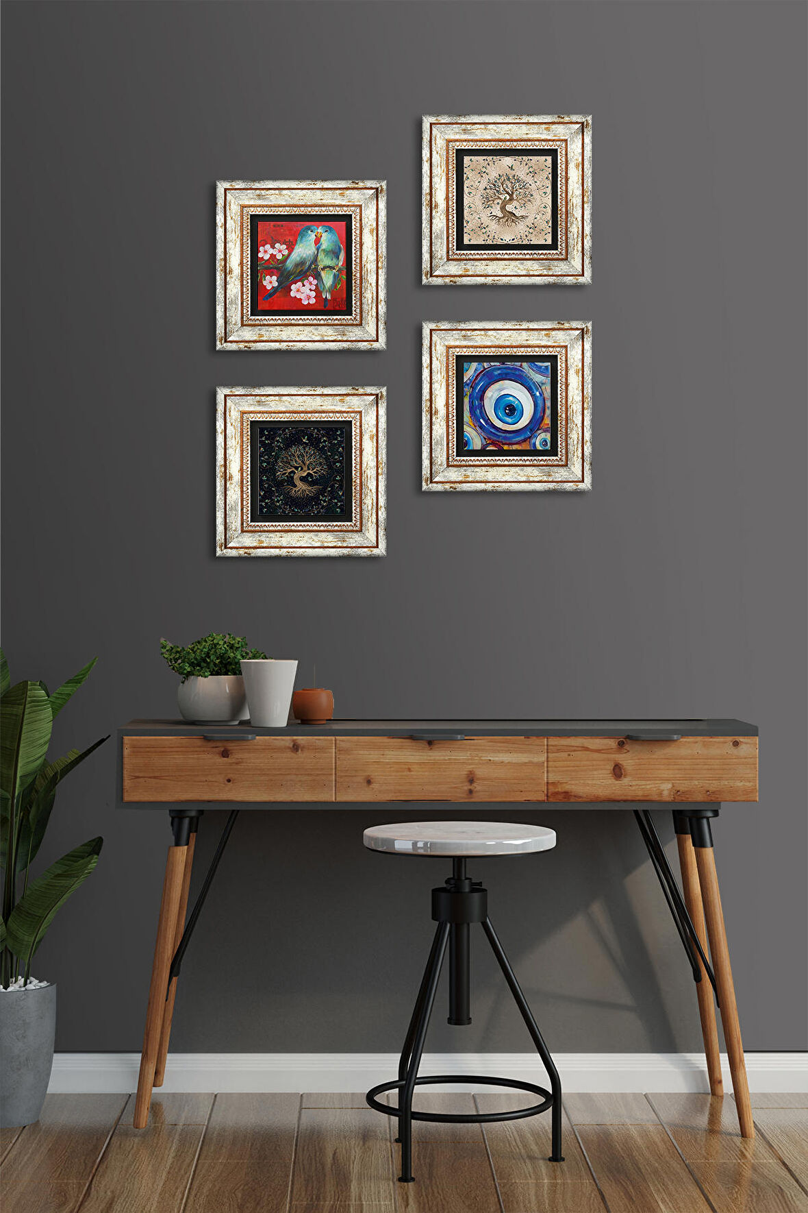 Nazar, Kuş, Hayat Ağacı Taş Duvar Tablosu Çerçeveli Duvar Dekoru 4 Parça Tablo Seti Wall Art