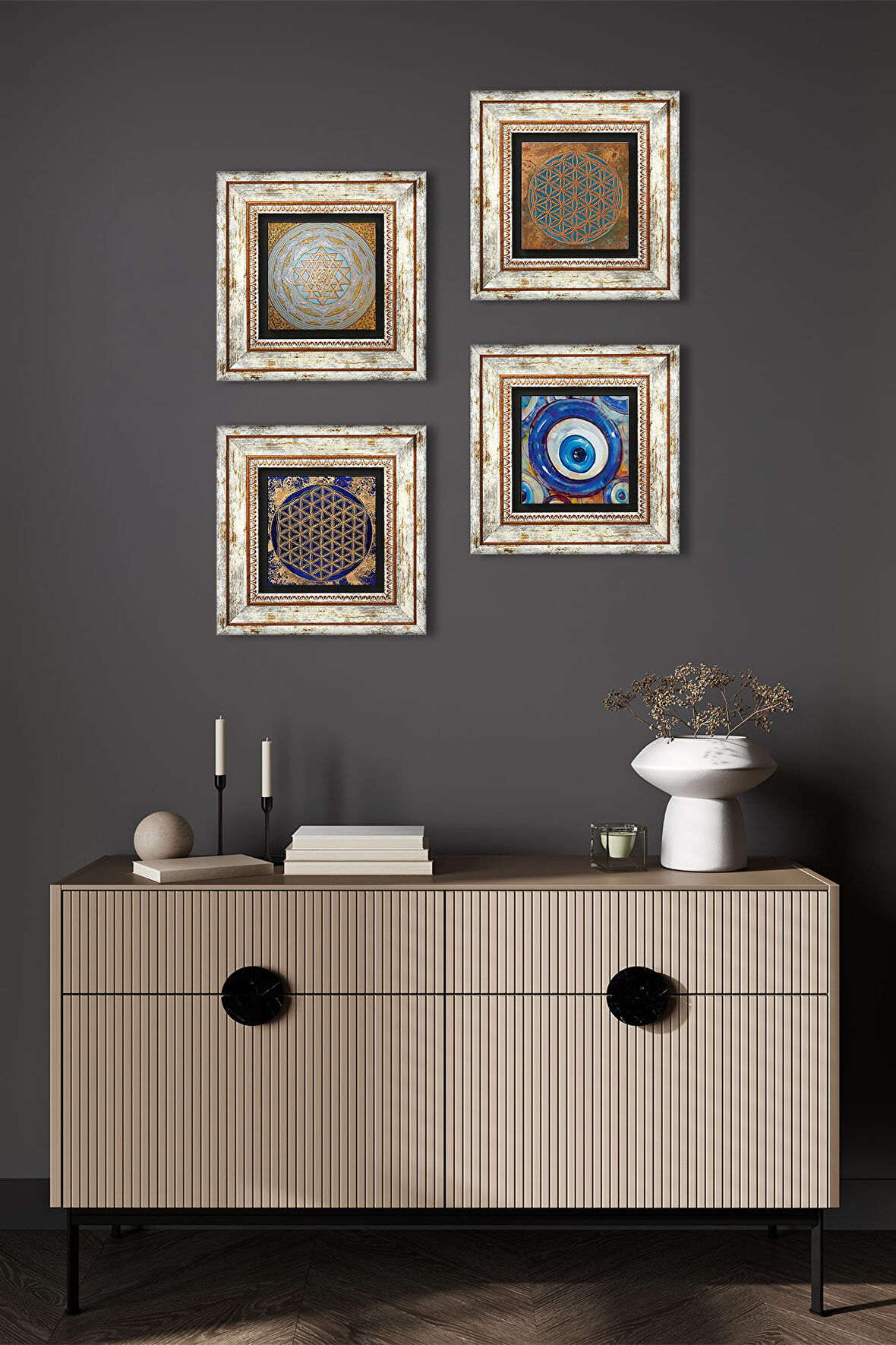 Nazar, Yaşam Çiçeği, Sri Yantra Taş Duvar Tablosu Çerçeveli Duvar Dekoru 4 Parça Tablo Seti Wall Art